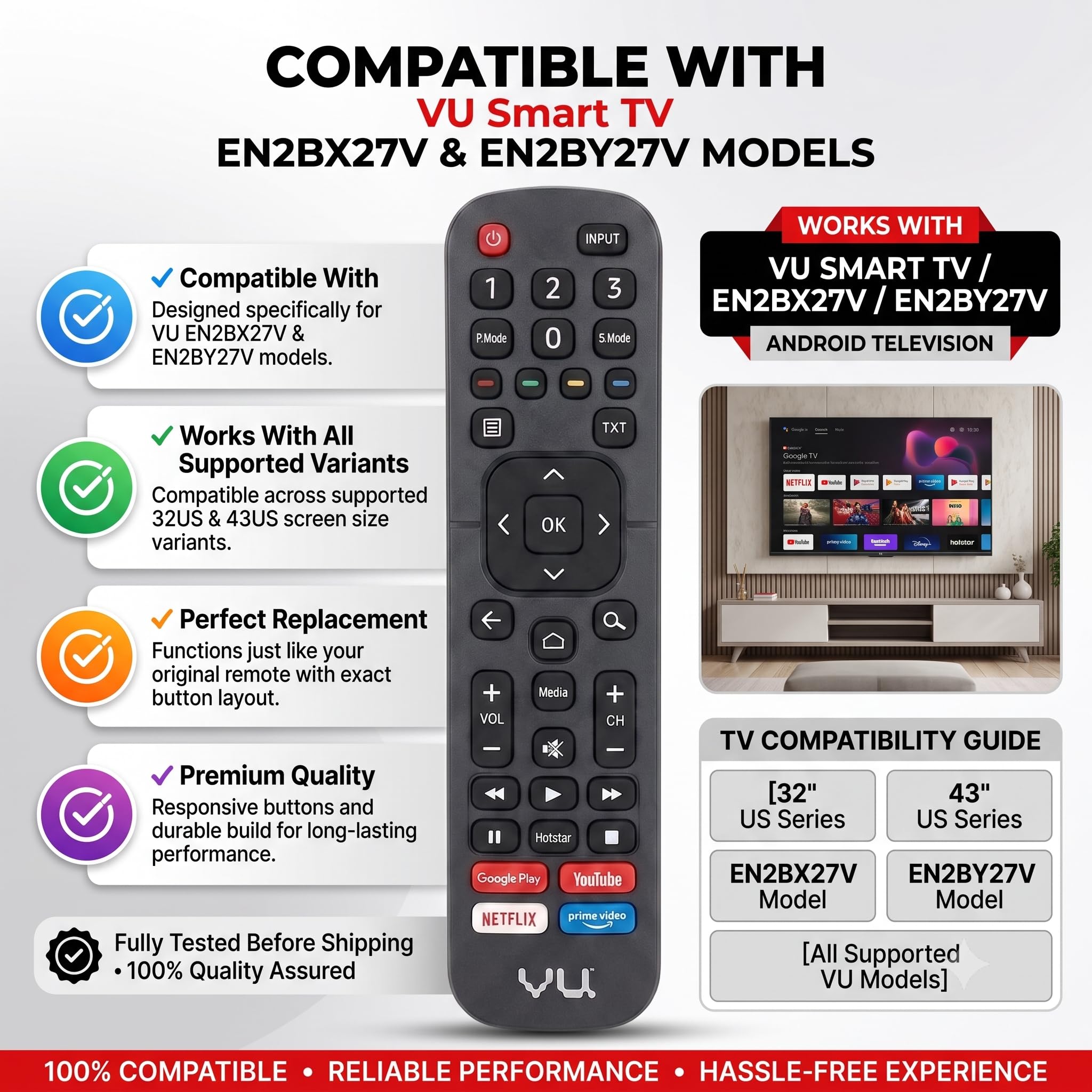 K2 Remotes Compatible for VU Smart TV Remote – Replacement for EN2BX27V & EN2BY27V Models | Works with VU 32US & 43US LED FHD Android TVs | Non Voice IR Remote | Exact Match Required — Amazon image 4