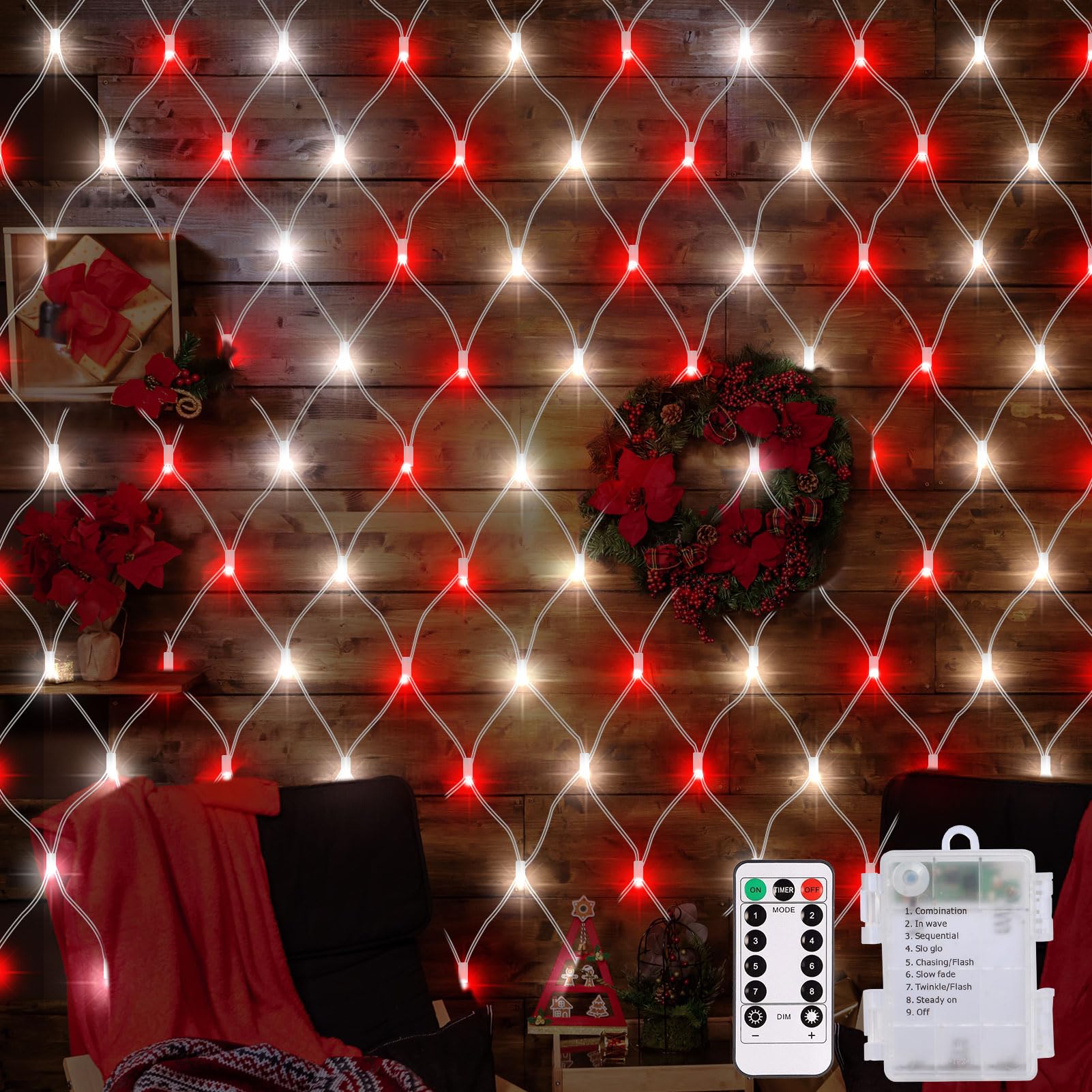 Red de luces de Navidad rojas y blancas, funciona con pilas, 1,5 m x 1,5 m, 100 luces LED de malla de hadas, 8 modos con control remoto, luces de red LED al aire libre para decoración de