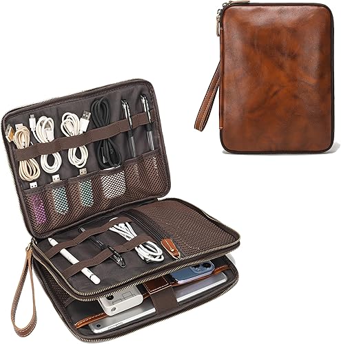 Miniatura 7 de LANNSYNE Bolsa de accesorios de cable de viaje de cuero de grano completo, organizador electrónico, estuche de almacenamiento de doble capa