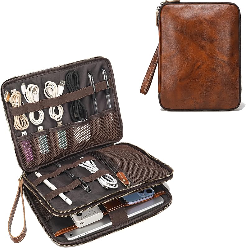 Full Grain Leather Travel Cable Accessories Bag, Electronic Organizer Carry Case Double Layer Storage Case for Cables, Charger, Phone, Power Bank