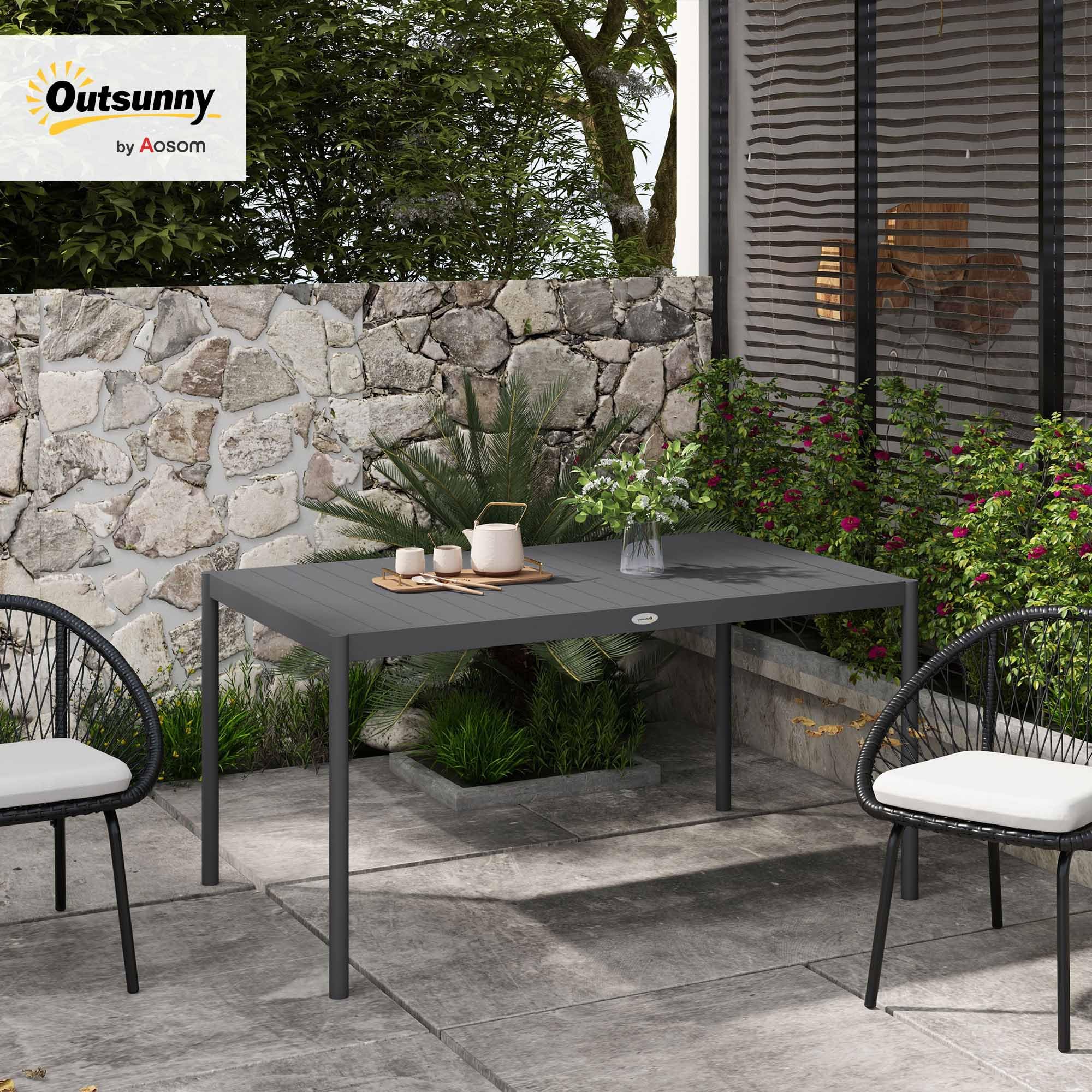 Outsunny Tavolo da Giardino a Doghe da 145x90 cm, Tavola da Pranzo per 6 Persone Rettangolare in Alluminio e Acciaio, Per Patio, Terrazzo, Balcone ed Esterno, Grigio Scuro