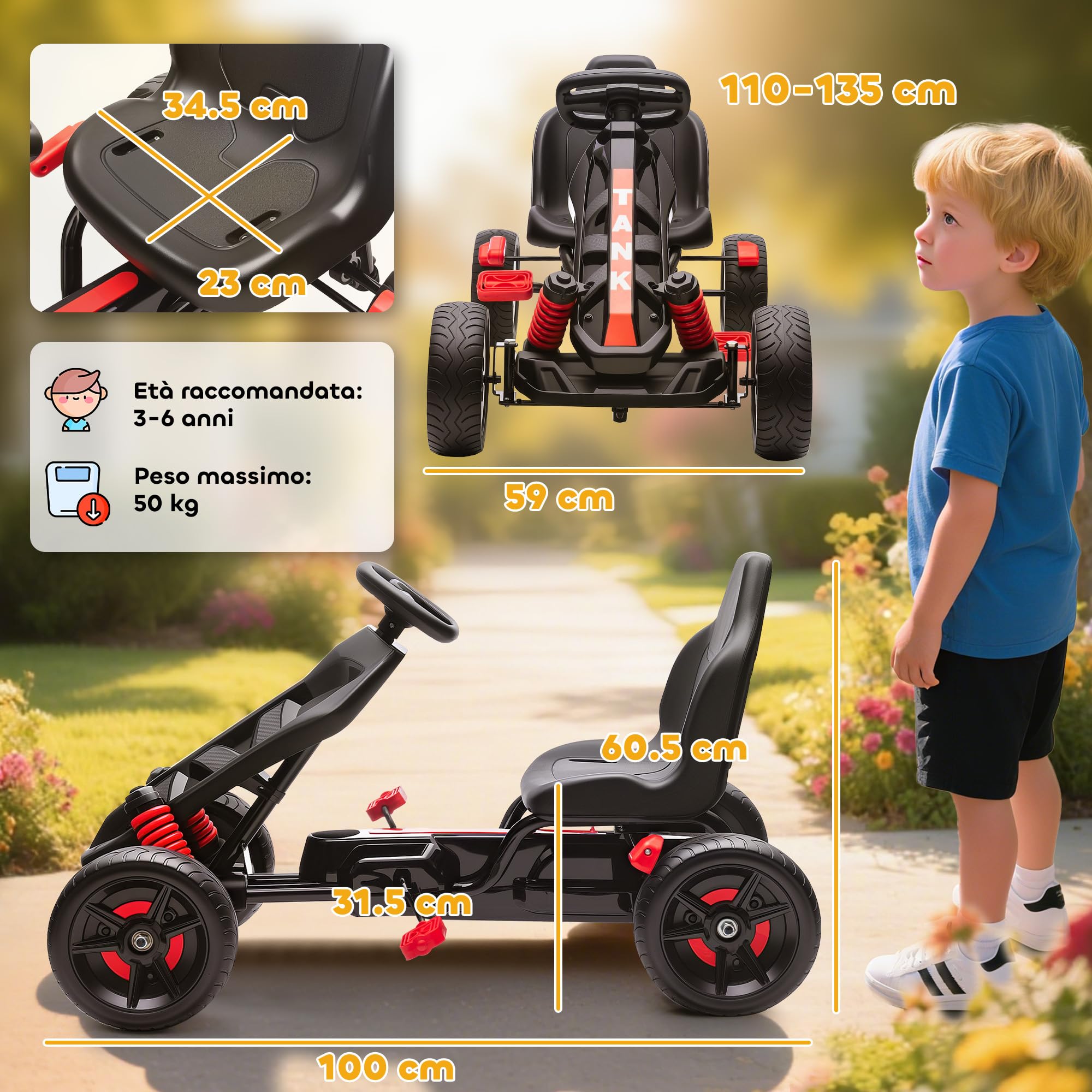AIYAPLAY Go Kart a Pedali per Bambini 3-6 Anni 50kg con Marcia Avanti Rosso | Veicolo a Pedali per Bambini, Avanti, Retromarcia, Portabicchieri, Ruote in EVA Antiscivolo