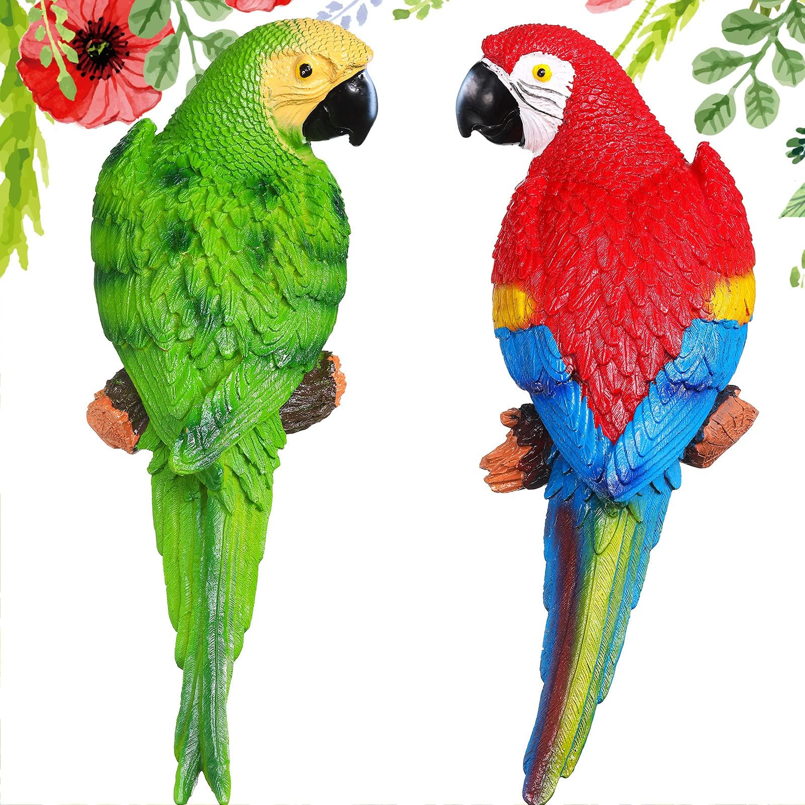Jetec 2 Pieces Parrot Decor Outdoor Tiki Bar Decorations Large Realistic Parrot Statues for Outside Lifelike Bird Sculptures Garden Patio Yard Lawn Figurines for Tropical Animal Tree Wall (Green, Red)