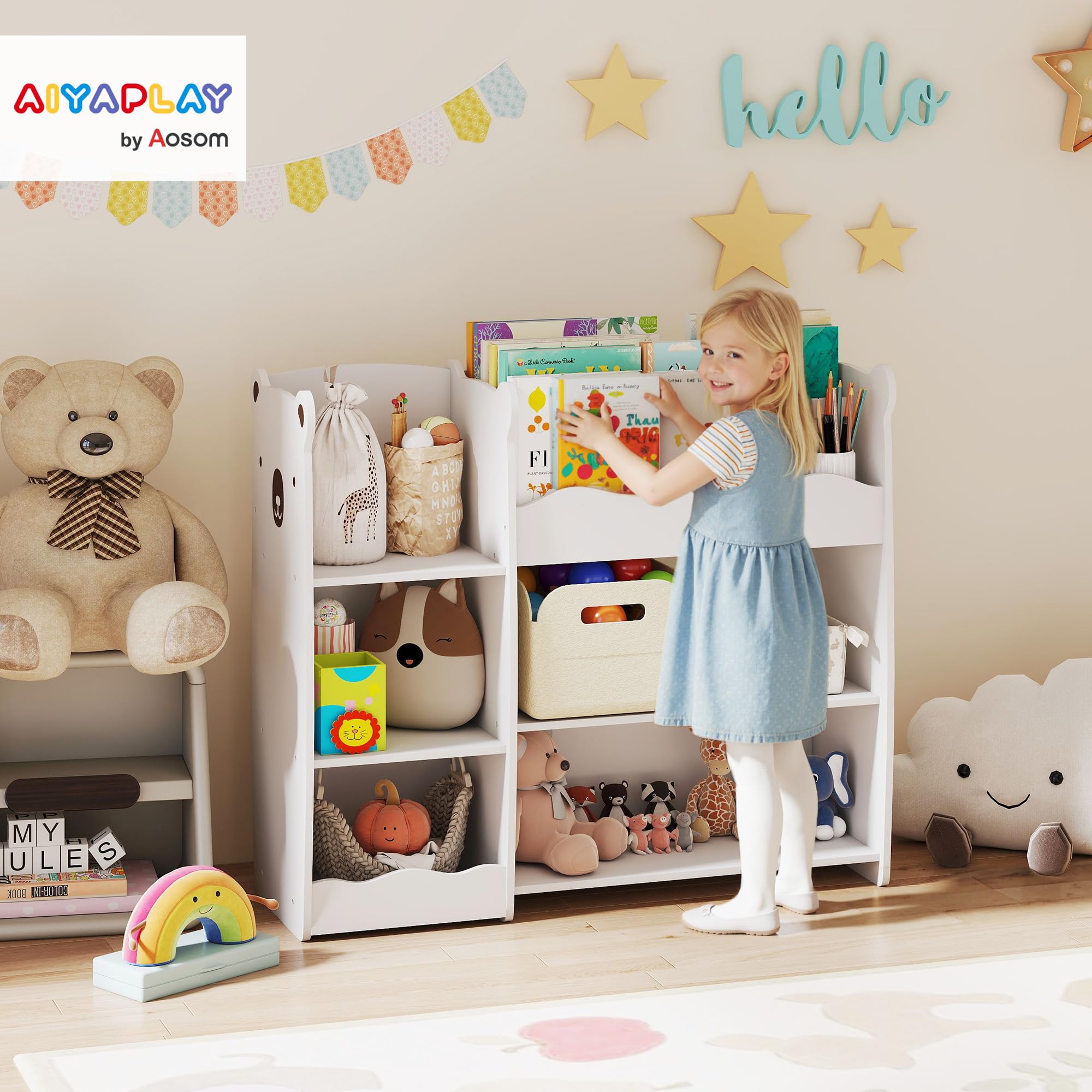 AIYAPLAY Scaffale per giocattoli per bambini con ripiani aperti, scomparti, design con orsacchiotti, organizer per giocattoli per camera da letto, sala giochi, asilo nido, bianco
