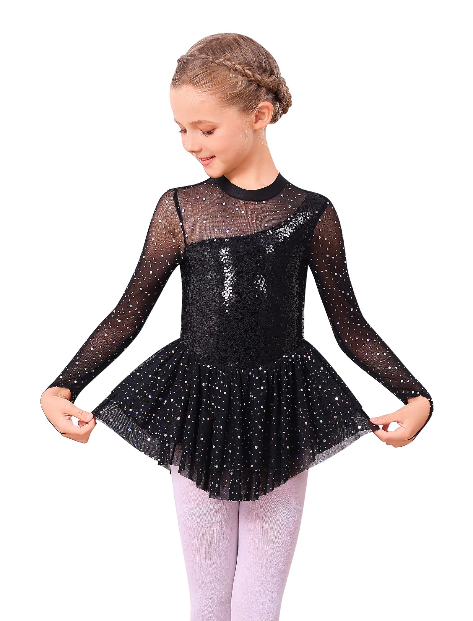 ODASDO Figure Skating Dress for Girls Mesh Long Sleeve Sparkly Sequin Skirted Leotard Ballet Outfit Dancewear