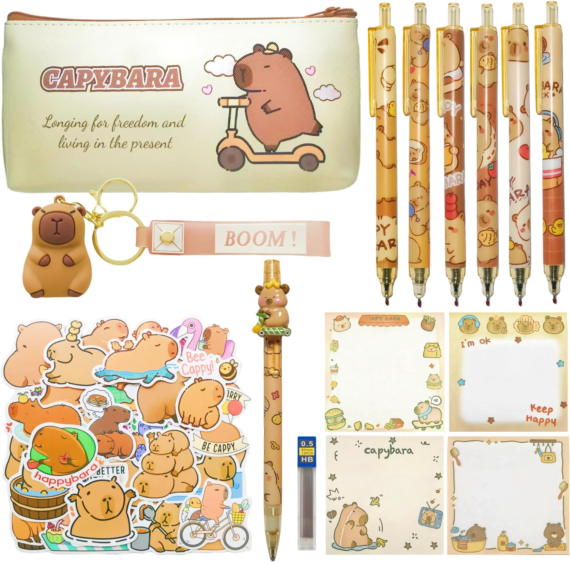 Capybara Stationery Set – Cute stationery set include capybara pencil case, gel ink pens (black ink), mechanical pencil, stickers, sticky notes and keyring for office school kids students