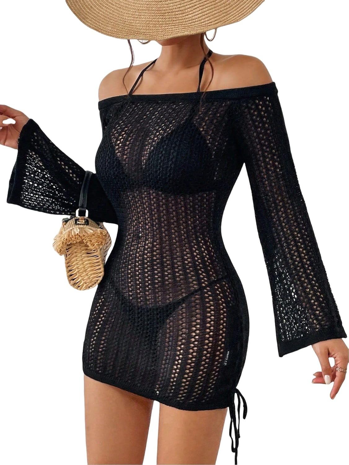 SISKIN Women's Bathing Suit Beach Cover Up Crochet Knit Tops Mesh Hollow Out Dress Drawstring Without Sexy Bikini