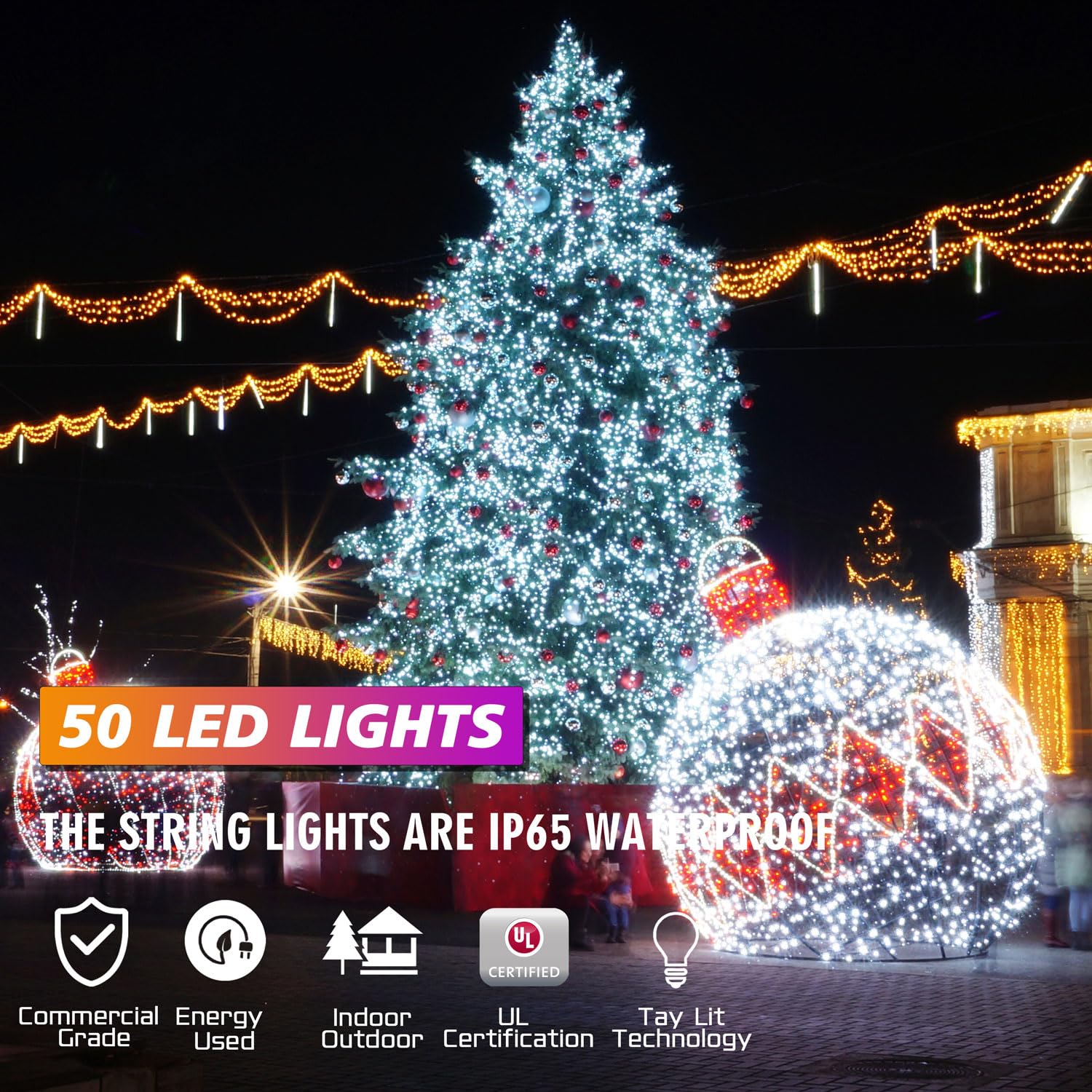 25ft Warm White LED Christmas Lights - 50 Count Outdoor String Lights UL Certified