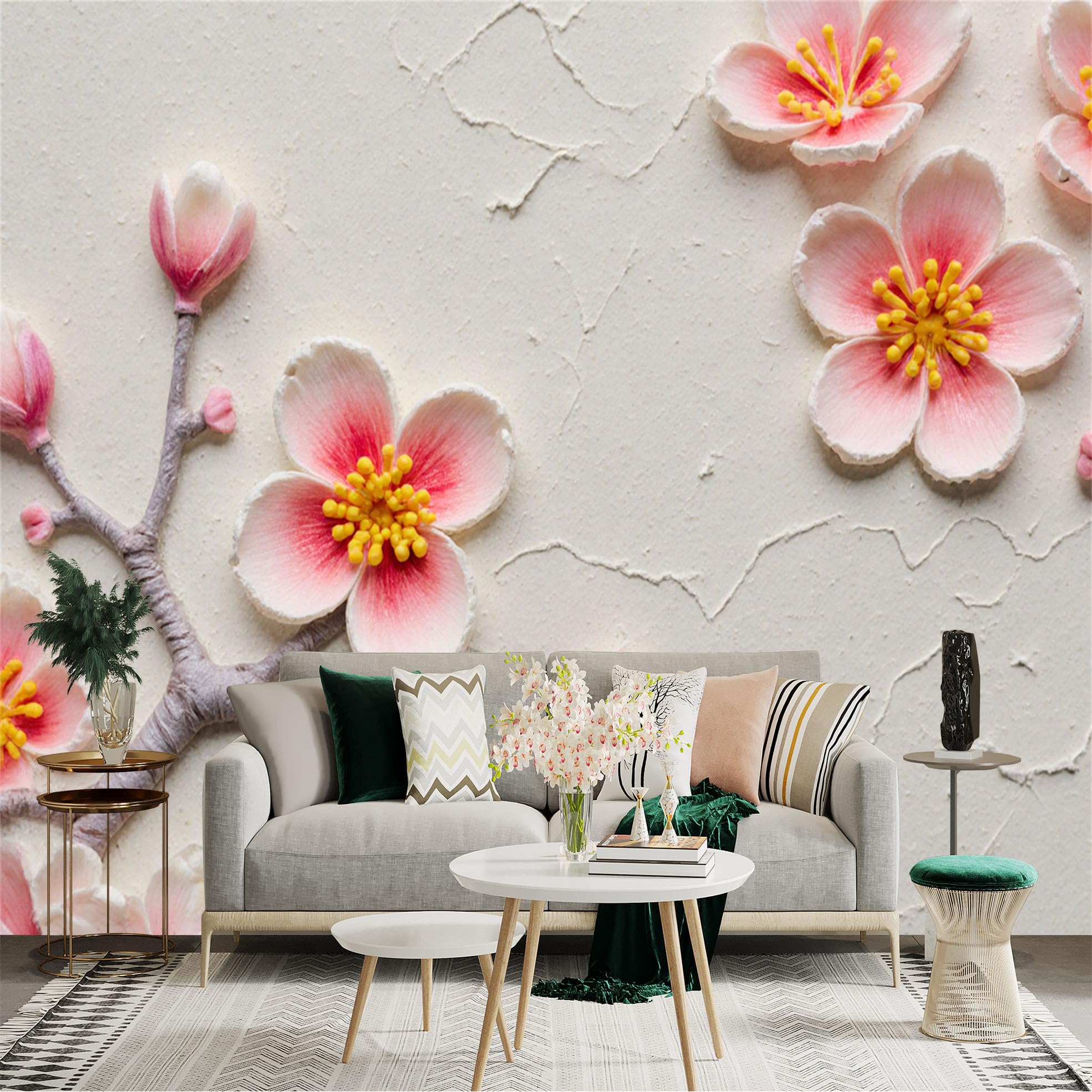 Custom Size Wall Sticker Mural， Soft Pink Cherry Blossoms on Textured Branch， Floral Botanical Art， Minimalist Spring Bloom， for wall Decoration， peelandstick wall Decals.