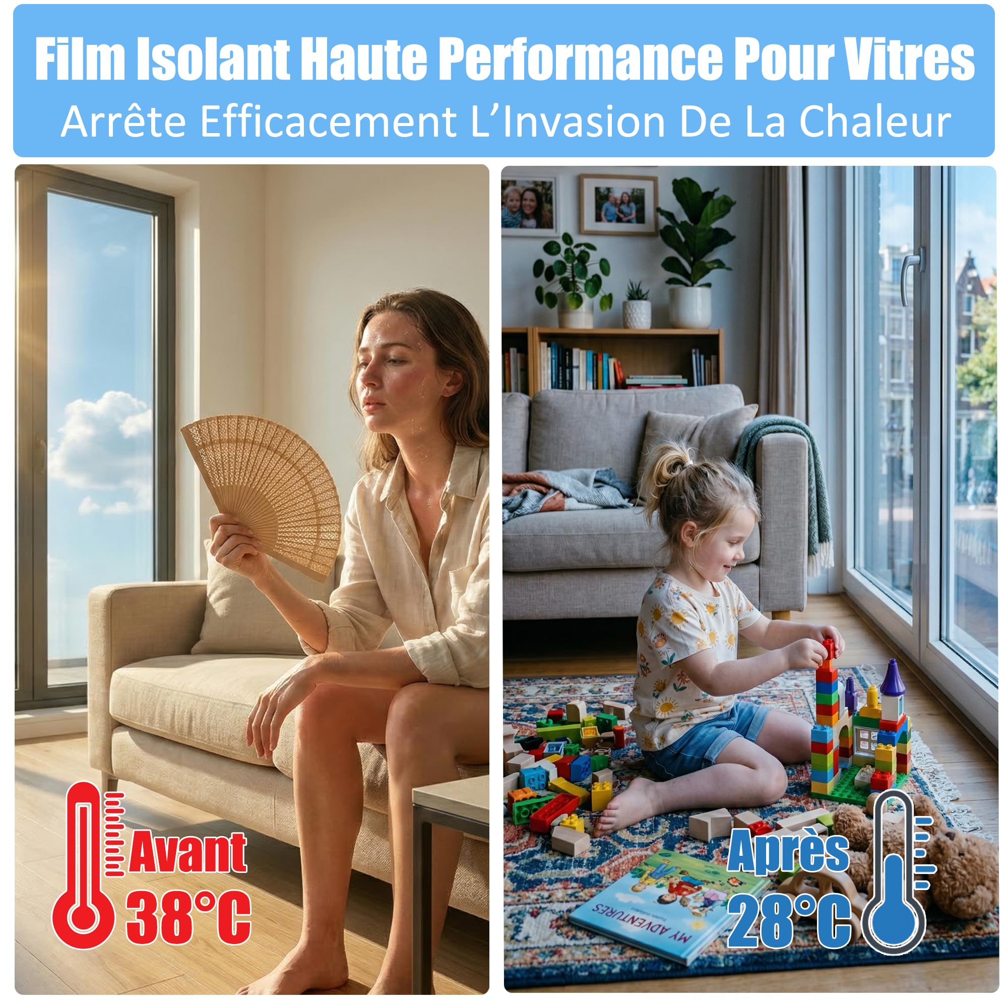 Film Miroir Fenêtre sans- Anti Chaleur & Anti UV - Film Solaire Électrostatique avec Kit de Pose Complet