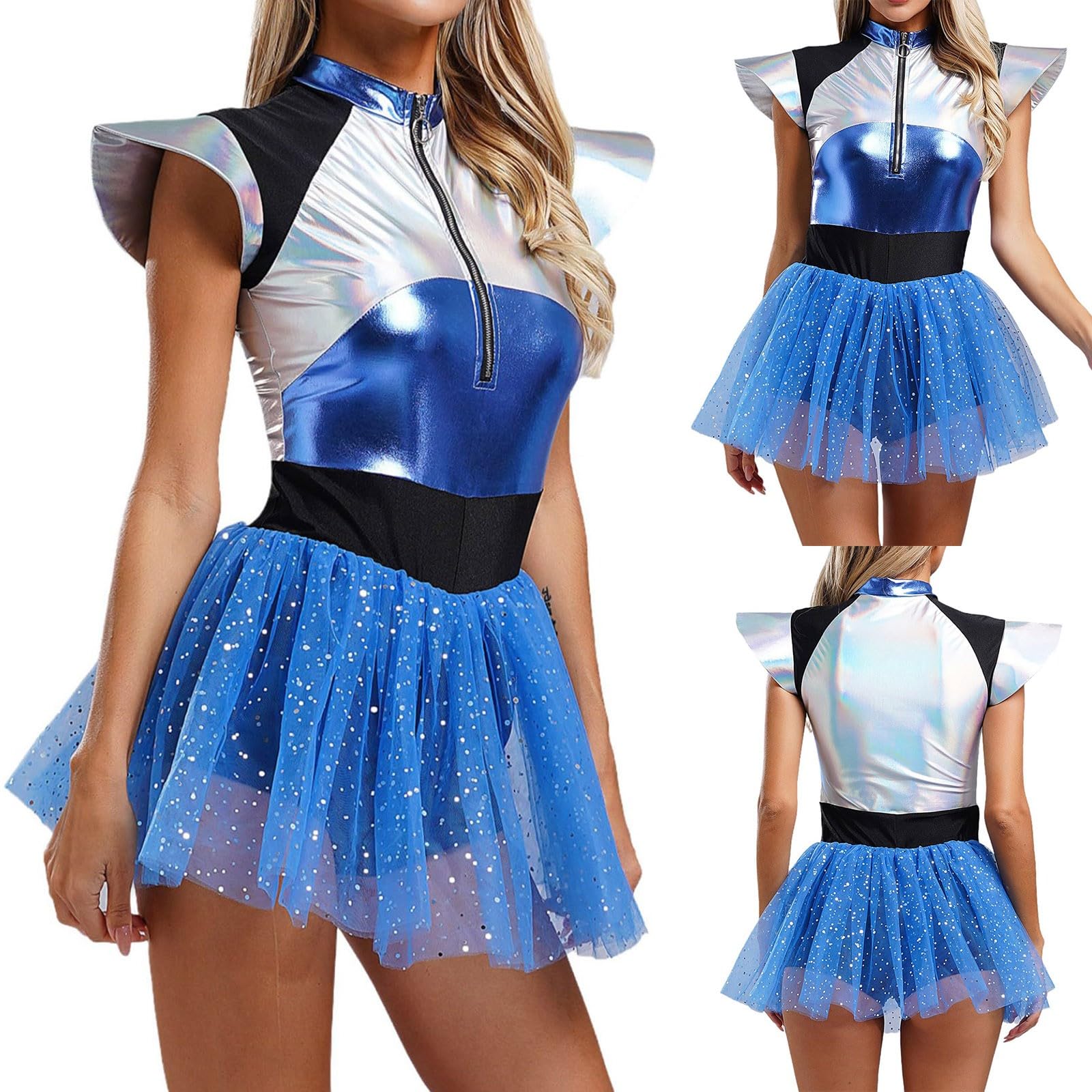 Alien Costume Women's as Space Girl - Metallic Dress with Glitter Tulle Skirt Carnival Costume, Futuristic Space Astronaut Outfit for Carnival, Fancy Dress & Cosplay Parties