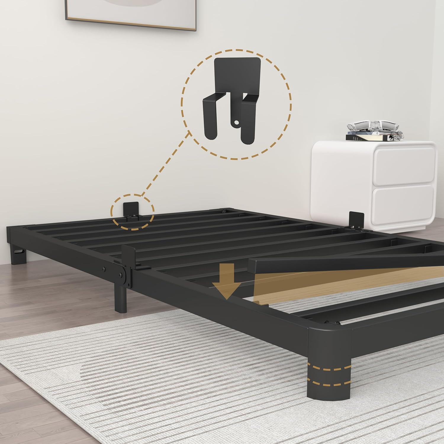 ITIMIDI 4 Inch Twin Bed Frame, Platform Bed Frames with Metal Gaskets, No Box Spring Needed, Heavy Duty Steel Slat Support, Anti-Slip Mattress Stopper, Round Corner Leg, Easy Assembly, Black