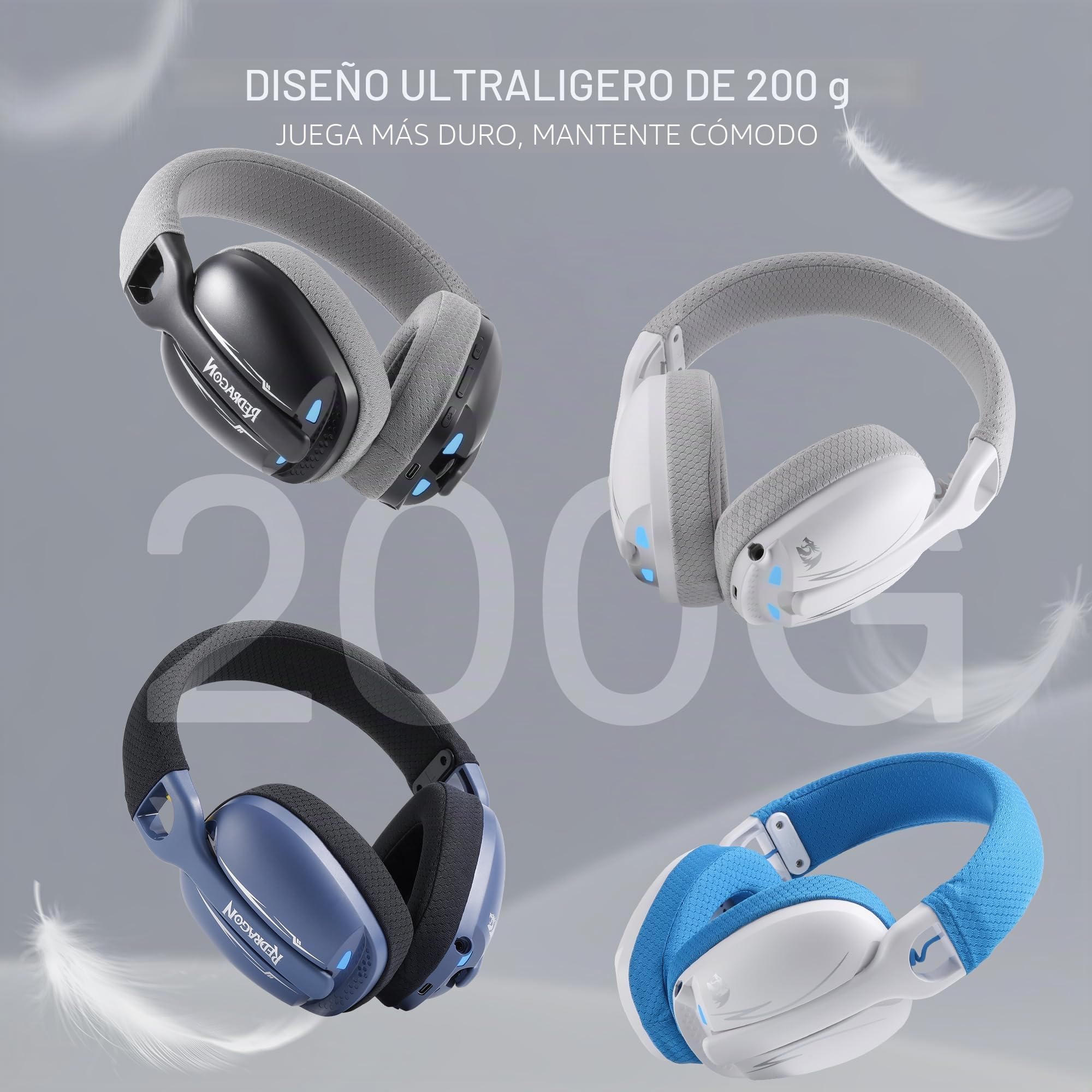 Redragon H878 Auriculares Gaming Inalámbricos 3 Modos 7.1 Blanco Azul | Iluminación Azul Sonido Surround 7.1 Controladores 40MM Micrófono Desmontable PC PS5 Móvil