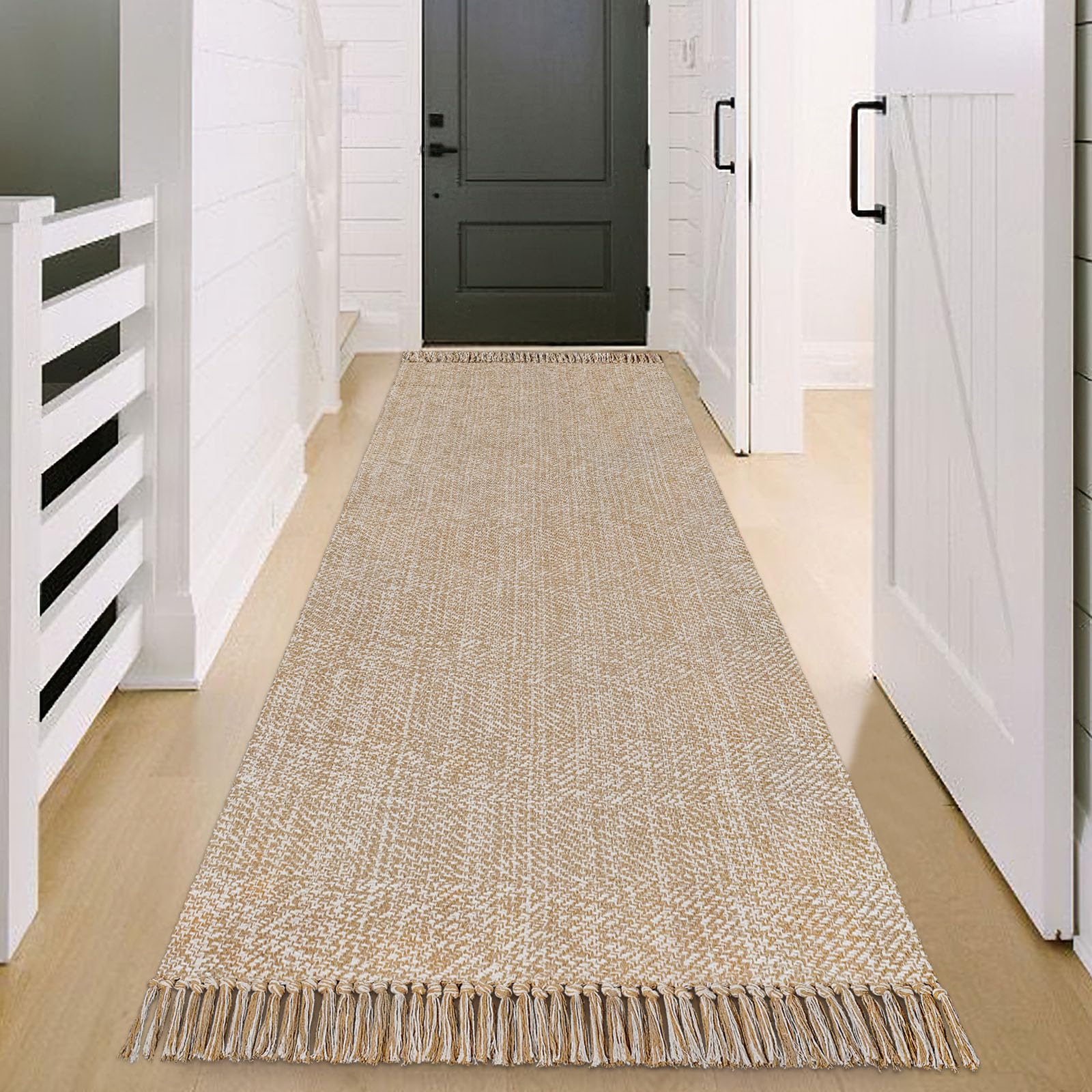 Tapis de couloir en coton tissé à la main de style bohème lavable à la main pour chambre à coucher, salon, salle de bain, évier, foyer, 7,8 x 2,44 m, kaki