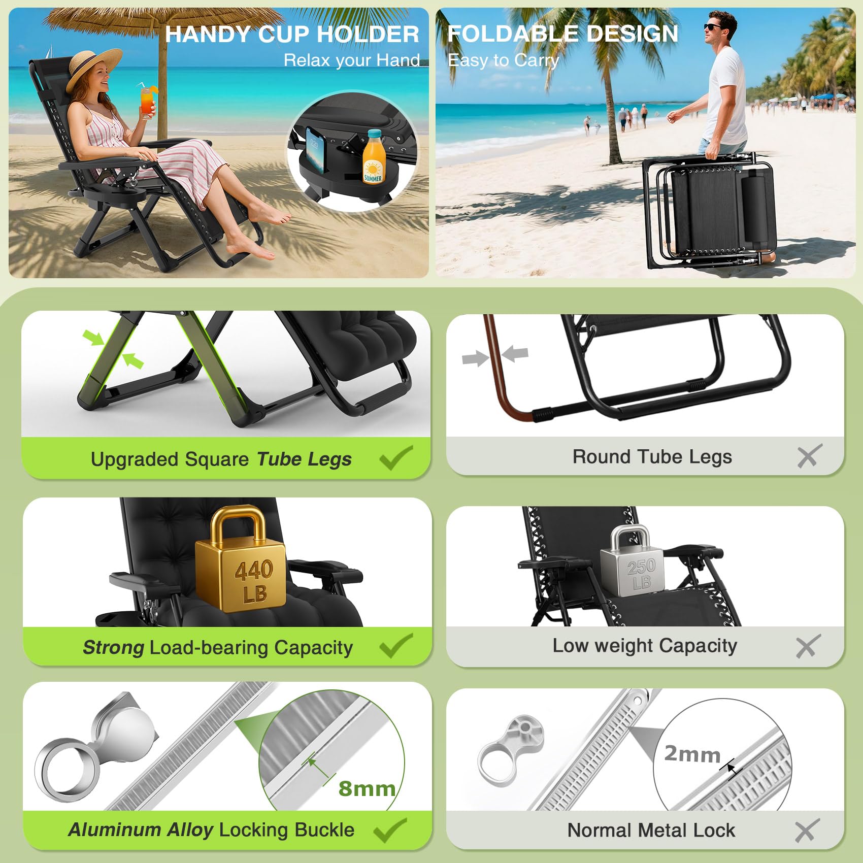 Suteck Zero-Gravity-Sessel, Sonnenliege Klappbar，Verstellbarer Liegesessel mit Abnehmbarem Kissen, Getränkehalter und Verbesserter Arretierung, Klappbarer Camping- und Terrassenstuhl für Erwachsene