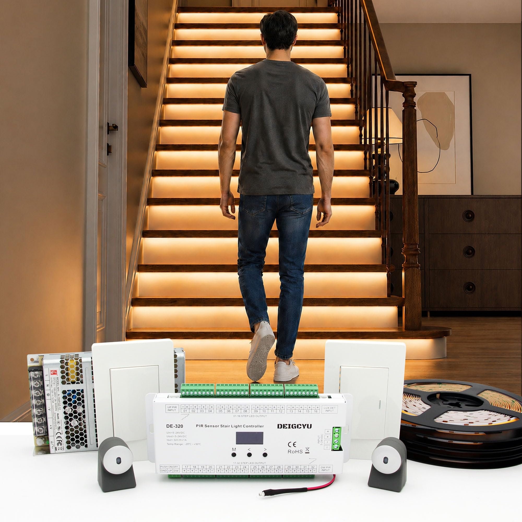 Motion Sensor Activated LED Stair Lighting Kit DE-320, 42-Inch Cuttable LED Strip Lights, Auto Cascade Step Lights for Indoor Stairs (Warm White 3000K,16 Steps)