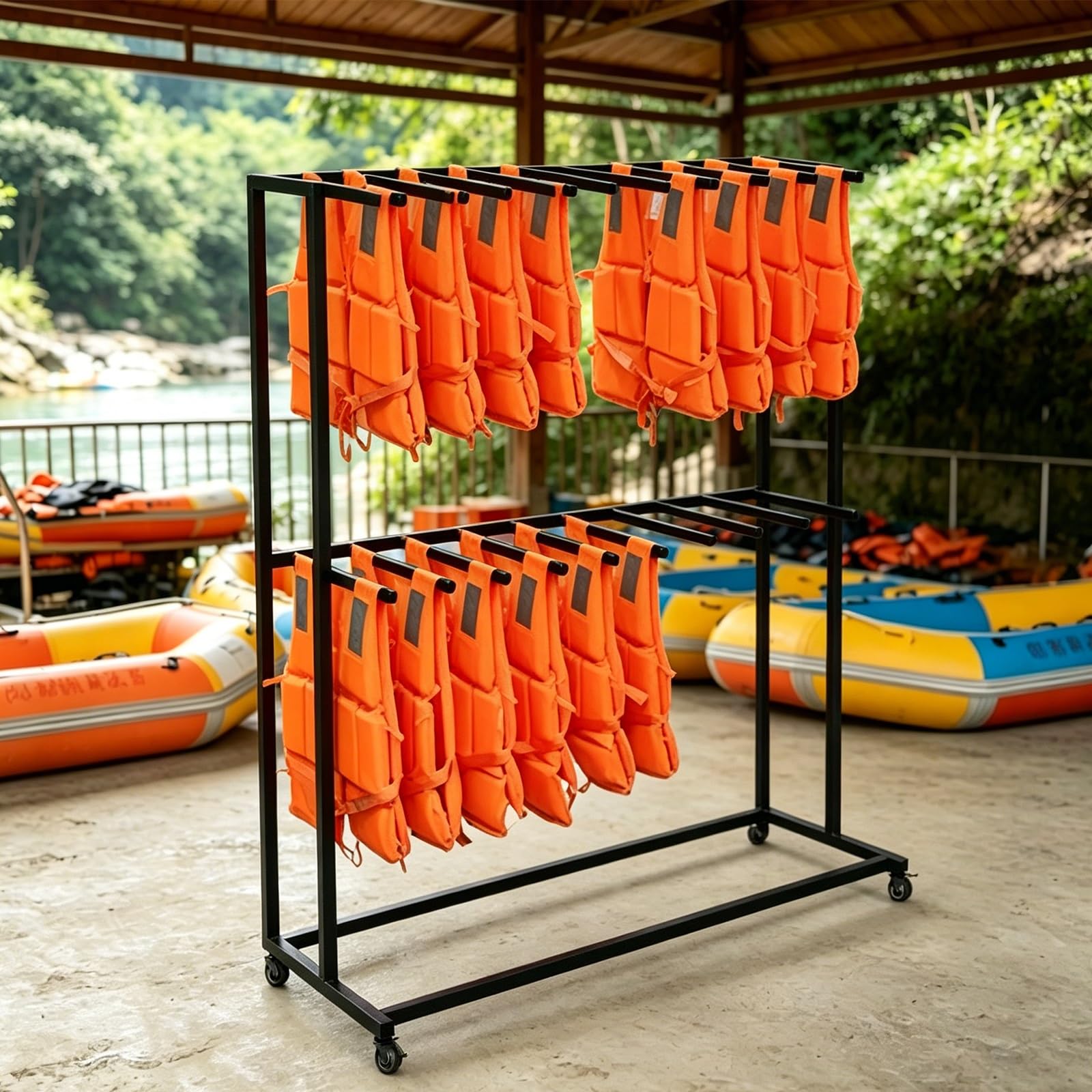 Heavy-Duty Life Vest Holder, Pool Equipment Storage Rack with Swivel Wheels, Multifunctional Freestanding Wetsuit Hanger Vest Hanger for Towels Clothing Swim Rings(Black,2-Tier)