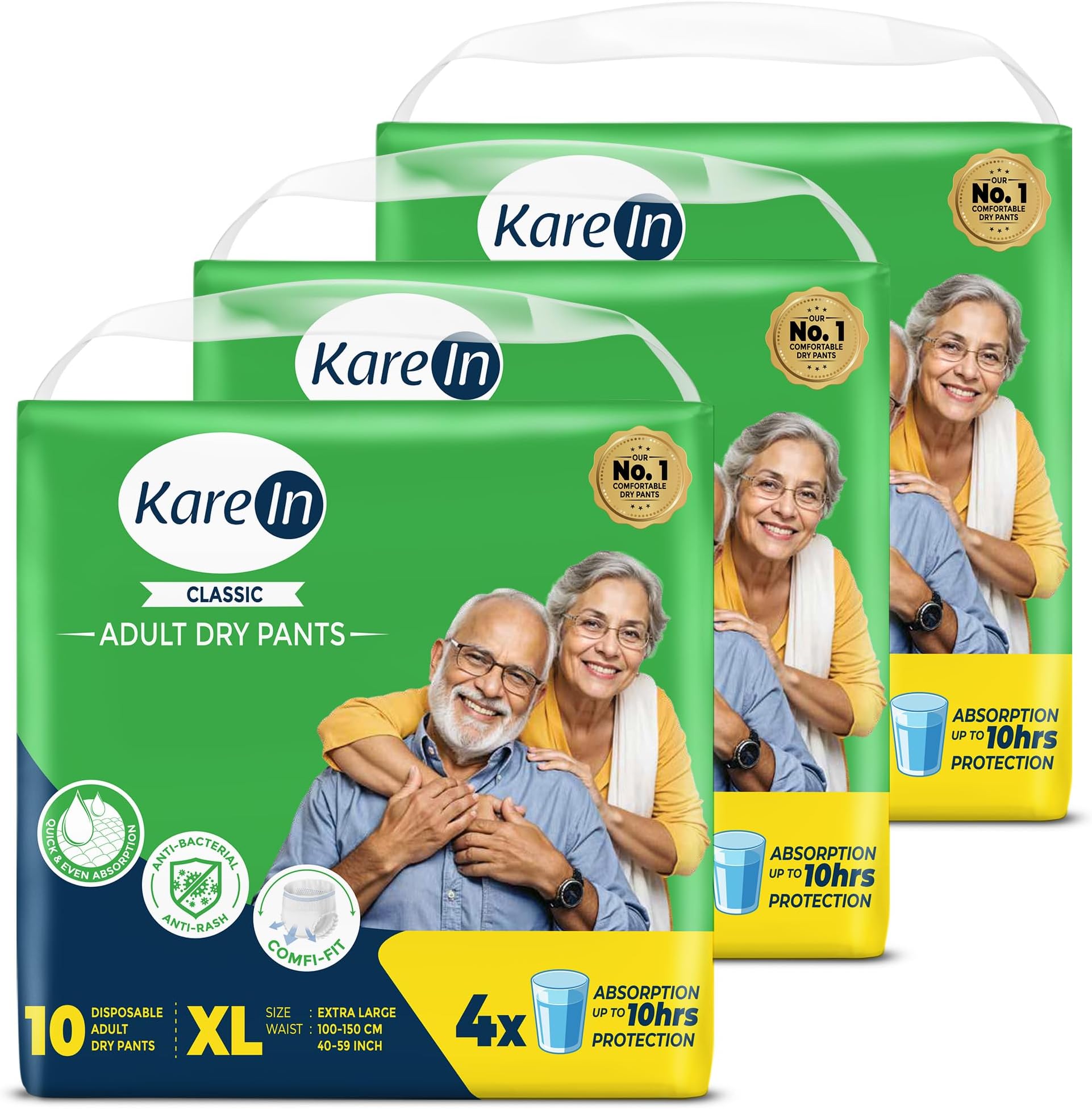 KareIn Classic Adult Diaper Pants, Extra Large 100-150 Cm (40"- 59"), 30 Count, Unisex, Leakproof, Elastic Waist, Wetness Indicator, Pack of 3