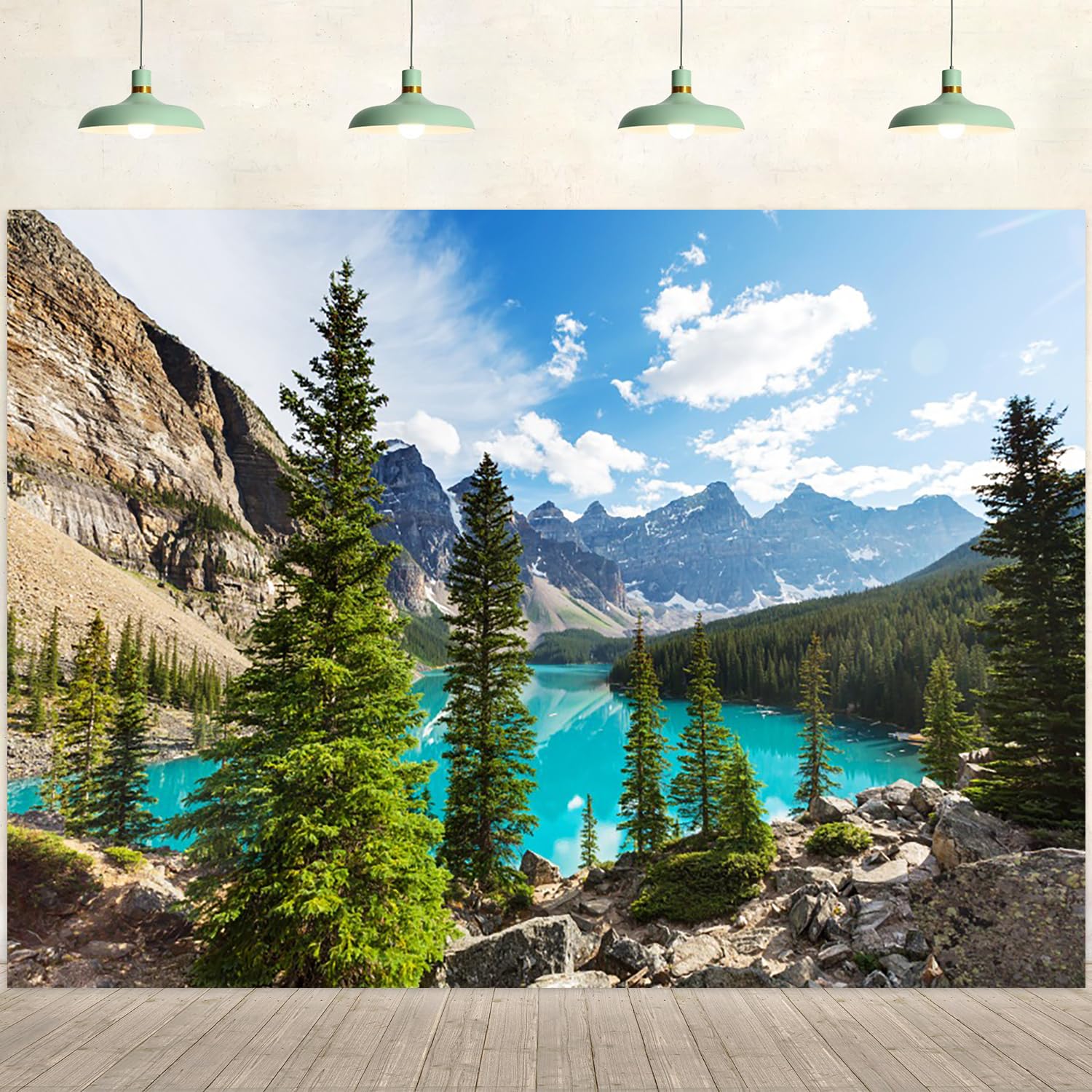7x5ft Mountain Backdrop Natural Mountain Scenery Lake Pine Trees Forest Photography Background Landscape Camping Themed Party Decorations Wallpaper