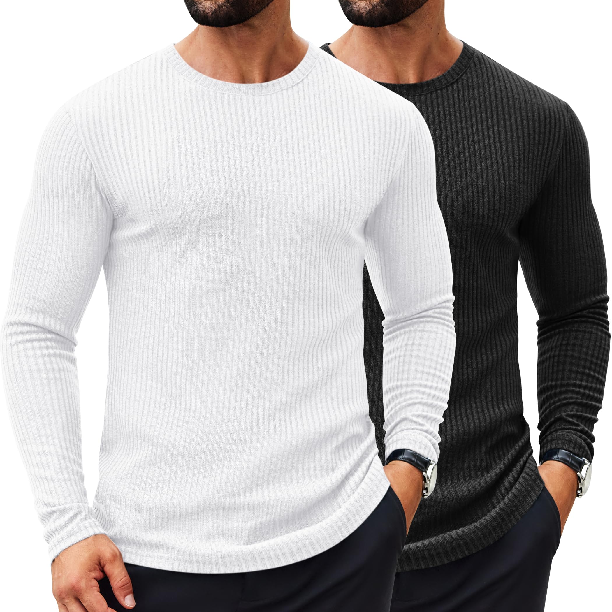 COOFANDY Men's 2 Pack Muscle T-Shirt Stretch Long Sleeve Gym Workout Bodybuilding Training Tee Shirts Casual Hipster Tops