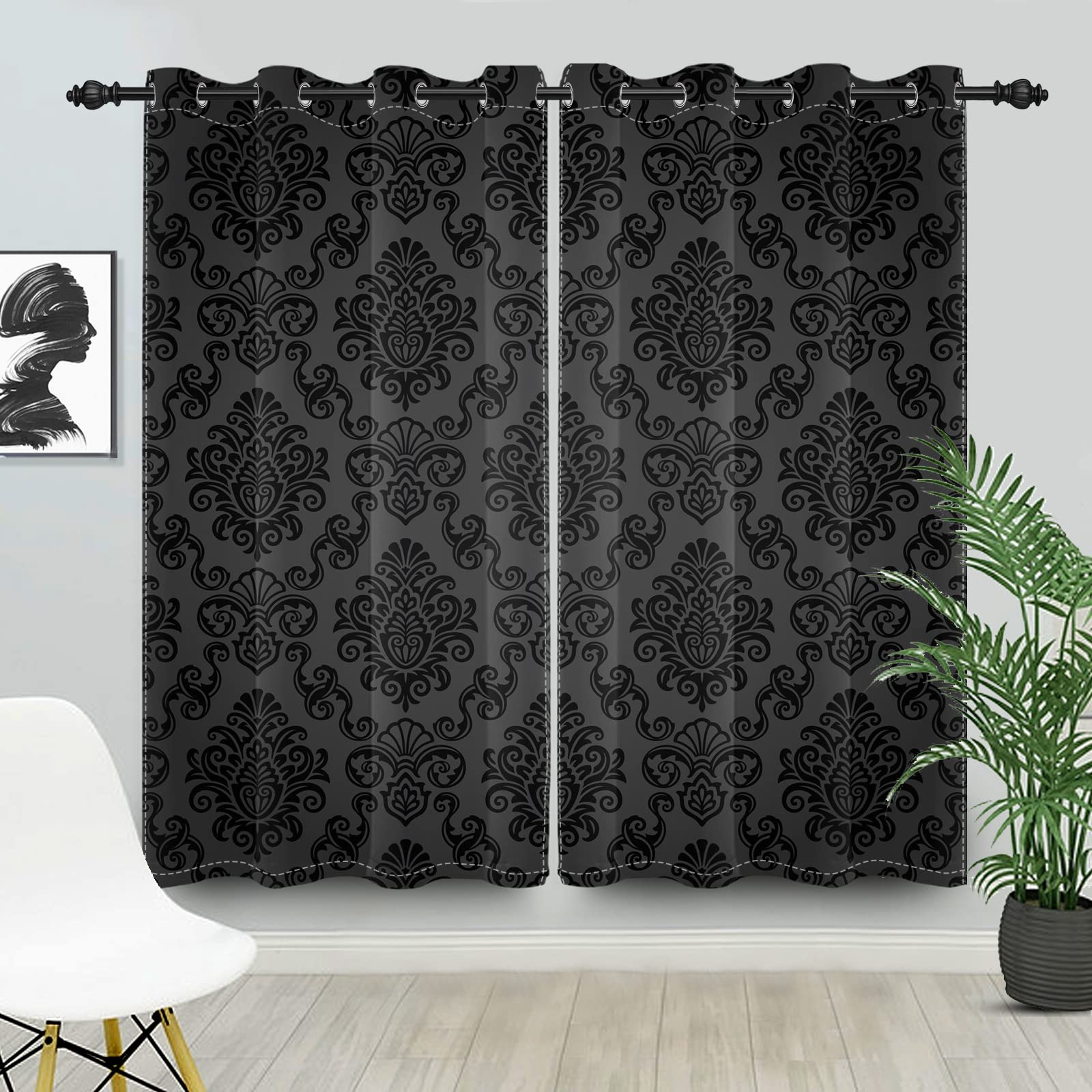 Umpoo Black Damask Floral Blackout Curtain Vintage Classic Flower Pattern Printed Drapes 26 x 63 Inches Window Curtain Set for Living Room Bedroom
