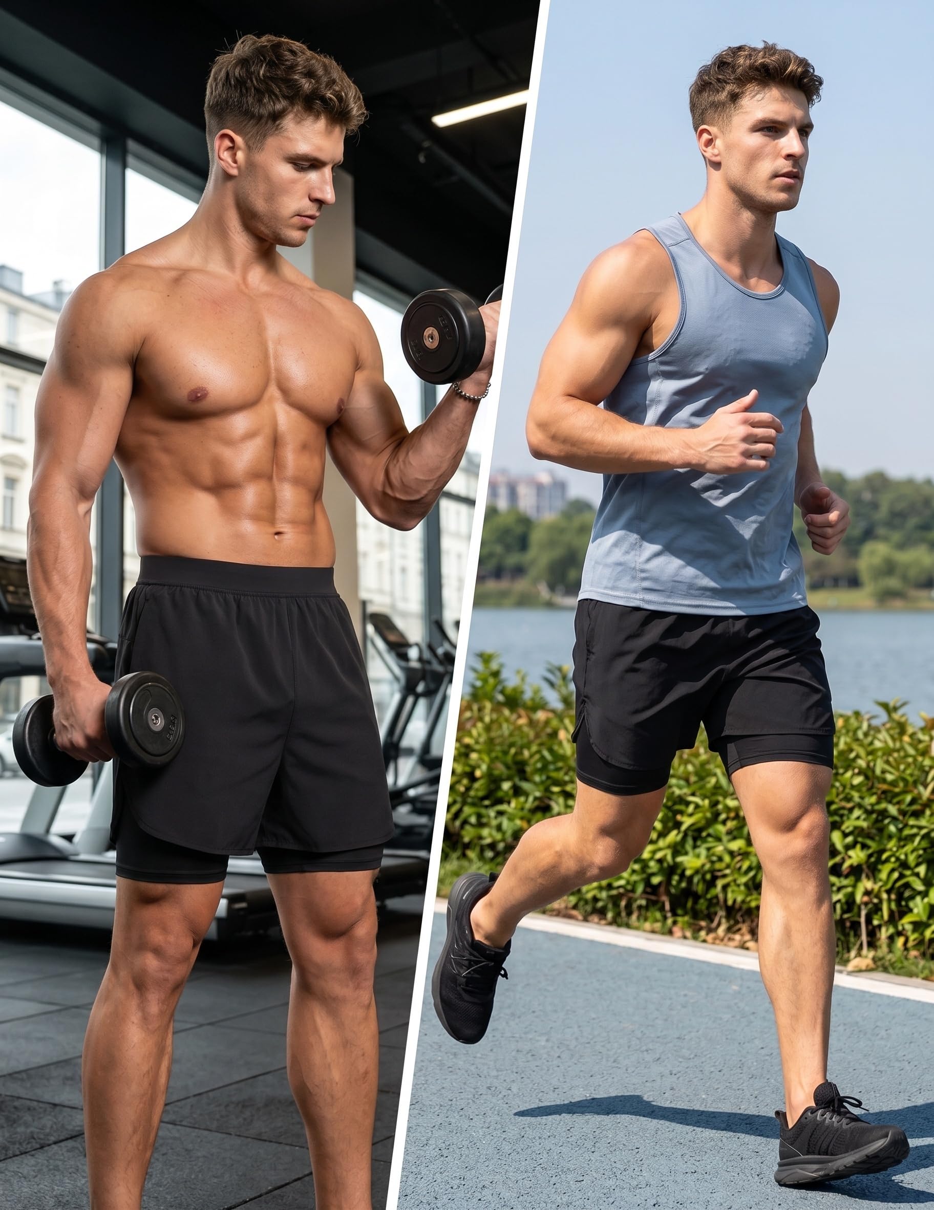 PINSPARK Herren Sport Shorts 2 in 1 Laufshorts mit Kompressionsshorts | Schnelltrocknende, atmungsaktive Marathon-Shorts, geeignet für Sommer-Fitness, Laufen, Wandern, Surfen und Radfahren