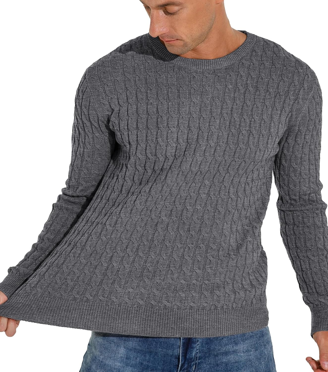 Askdeer Men's Pullover Sweater Crewneck Classic Cable Sweater Soft Casual Knitted Sweaters Dark Gray - Image 5