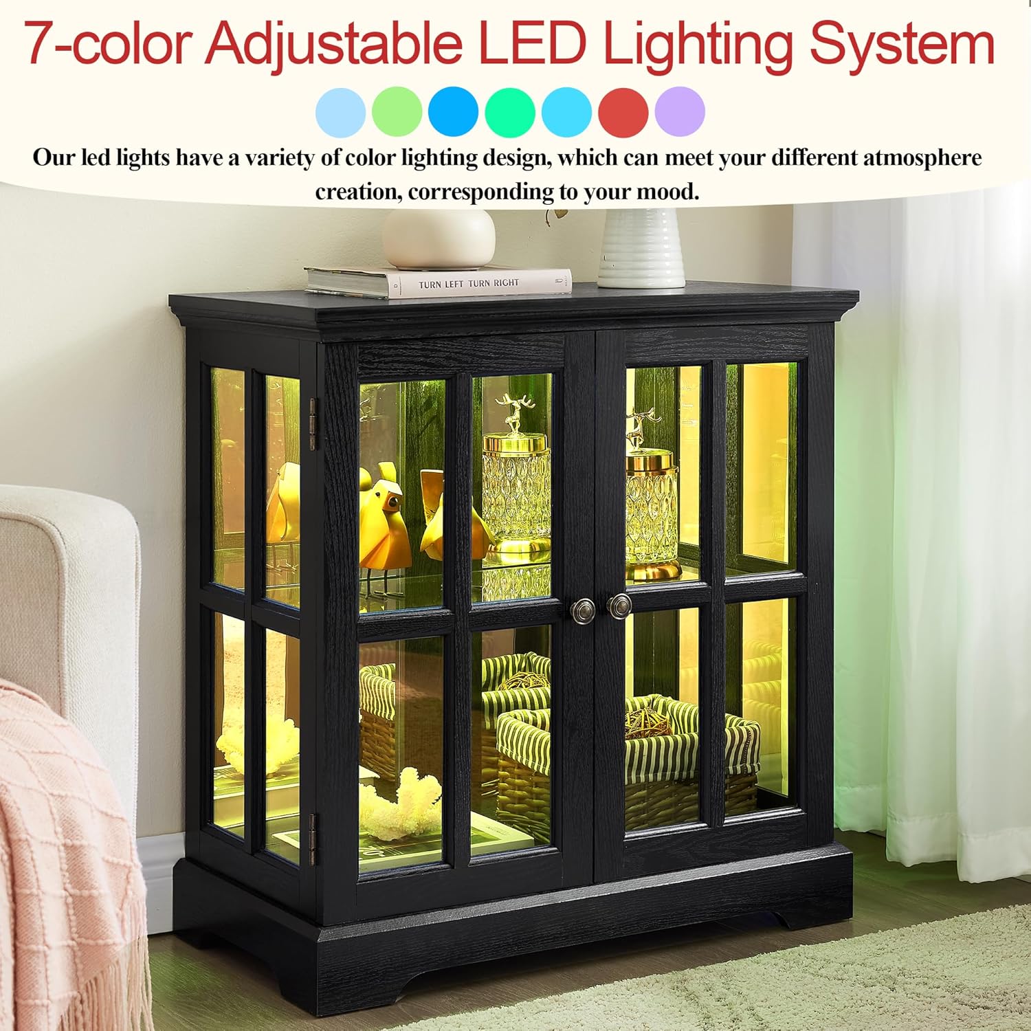 30" Glass Curio Display Storage Cabinet with LED Light, Modern 2 Lattice Doors Tableware Display Sideboard w/Adjustable Shelves, Retro Design Quality Showcase Bookcase for Home (Black)