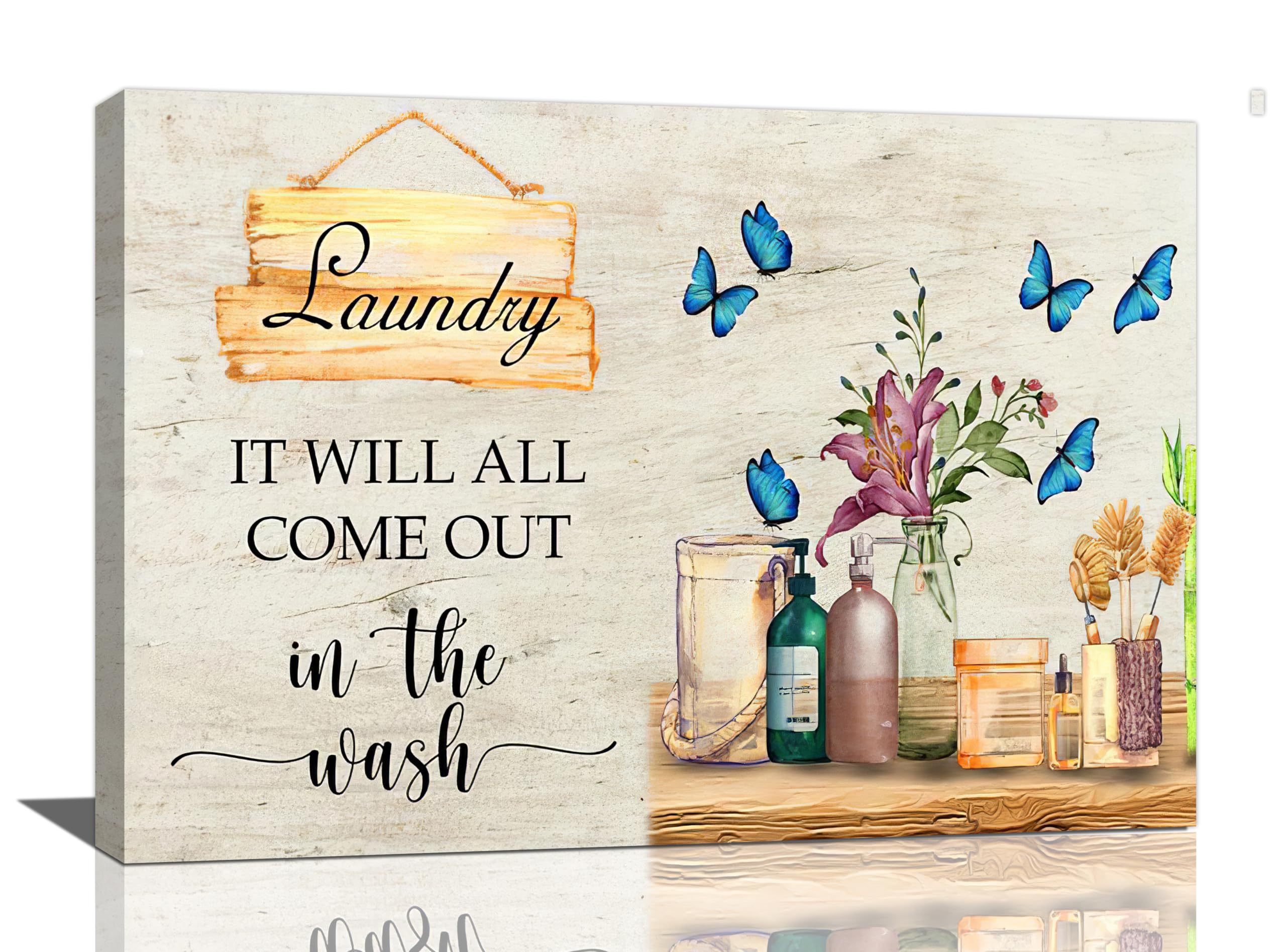 Yibuda Laundry Signs Farmhouse Laundry Room Wall Decor Rustic Laundry Room Signs Pictures Wall Art Country Butterfly Flower Floral Bathroom Canvas Print Painting Framed Home Artwork For Bathroom Washroom 24"X16"