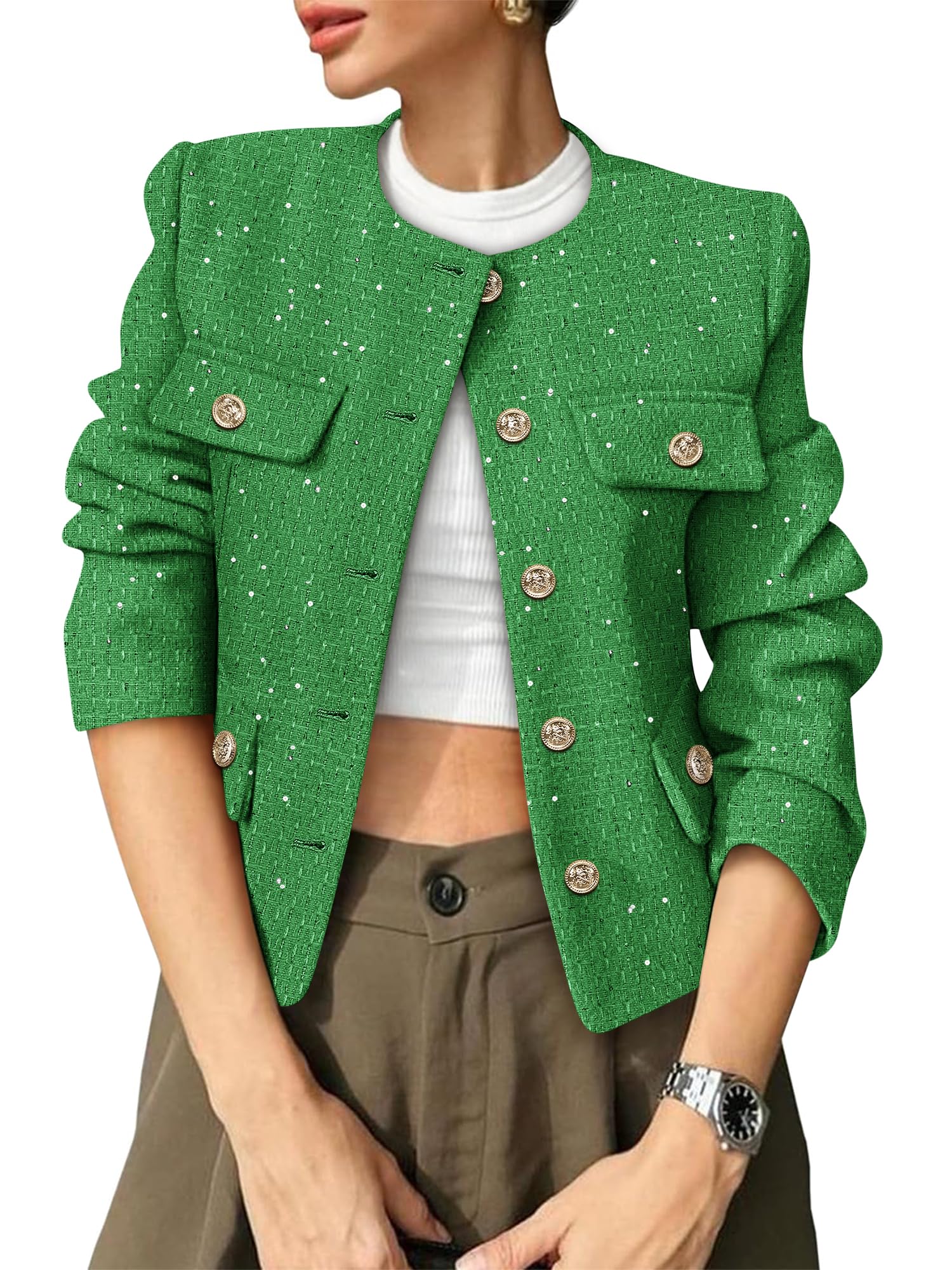 Womens Tweed Blazers Trendy Fall Casual Collarless Button Down Sequin Tops Cropped Jackets with Pockets