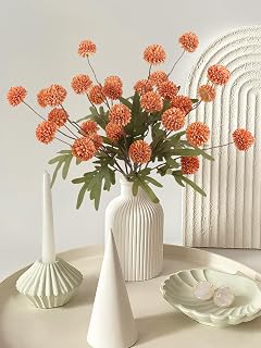 HOHOTIME 6pcs Faux Silk Pompon Mum Artificial Flowers, Bulk Fake Mini Chrysanthemums with Stems for DIY Bouquet Centerpieces Wedding Decor, Orange Neutral Floral Arrangements, Pom Pom Kiku Flower