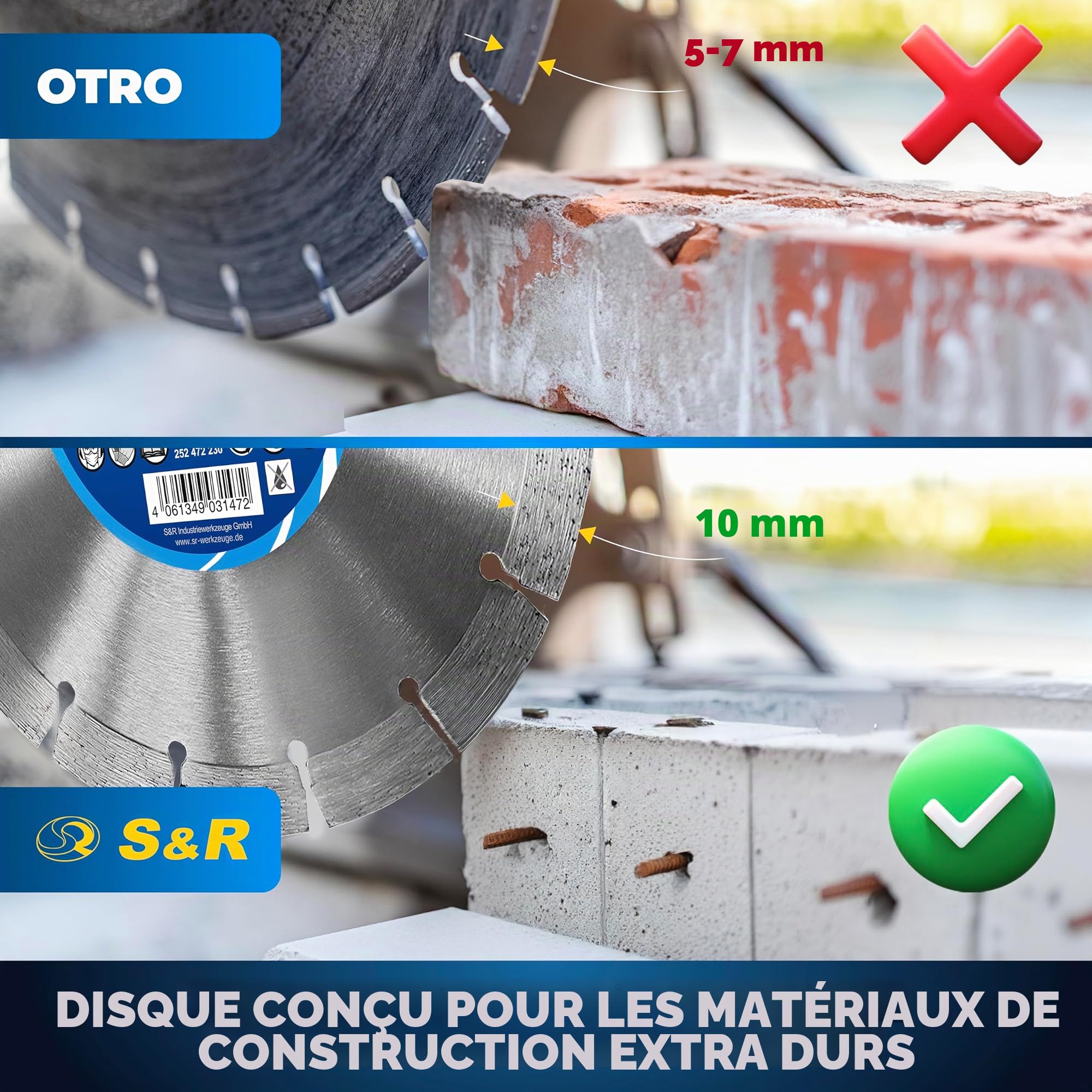 S&R Disque Diamant 230mm à tronçonner BÉTON ARMÉE/Granit/Pierre/Brique. Disque 230 Premium à segments diamants de 10mm. Qualité Industrielle