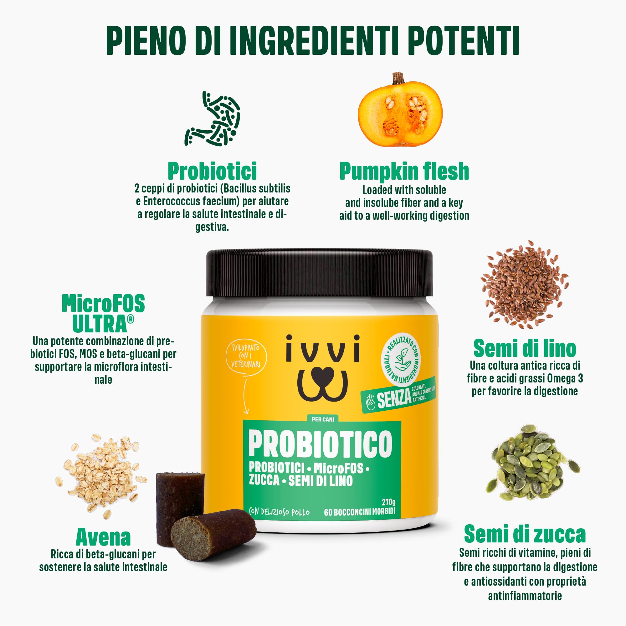 ivvi PROBIOTIC per cani in forma di bocconcino - per la formazione della flora intestinale, per il miglioramento della digestione e del sistema immunitario - 60 gustosi snack con pollo