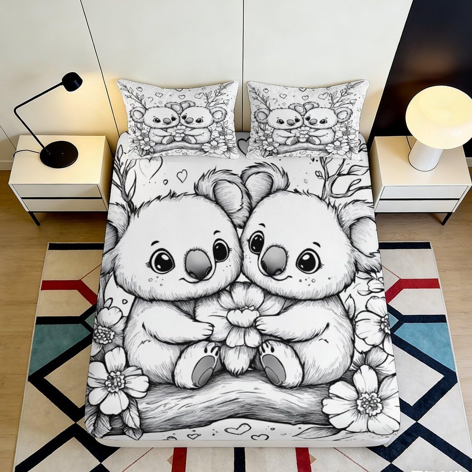 3D Printed Cute Koala Cartoon Fitted Sheet Microfiber Soft Anti-Slip Mattress Cover for Bedroom Dorm Protective Decor 160x200x25cm