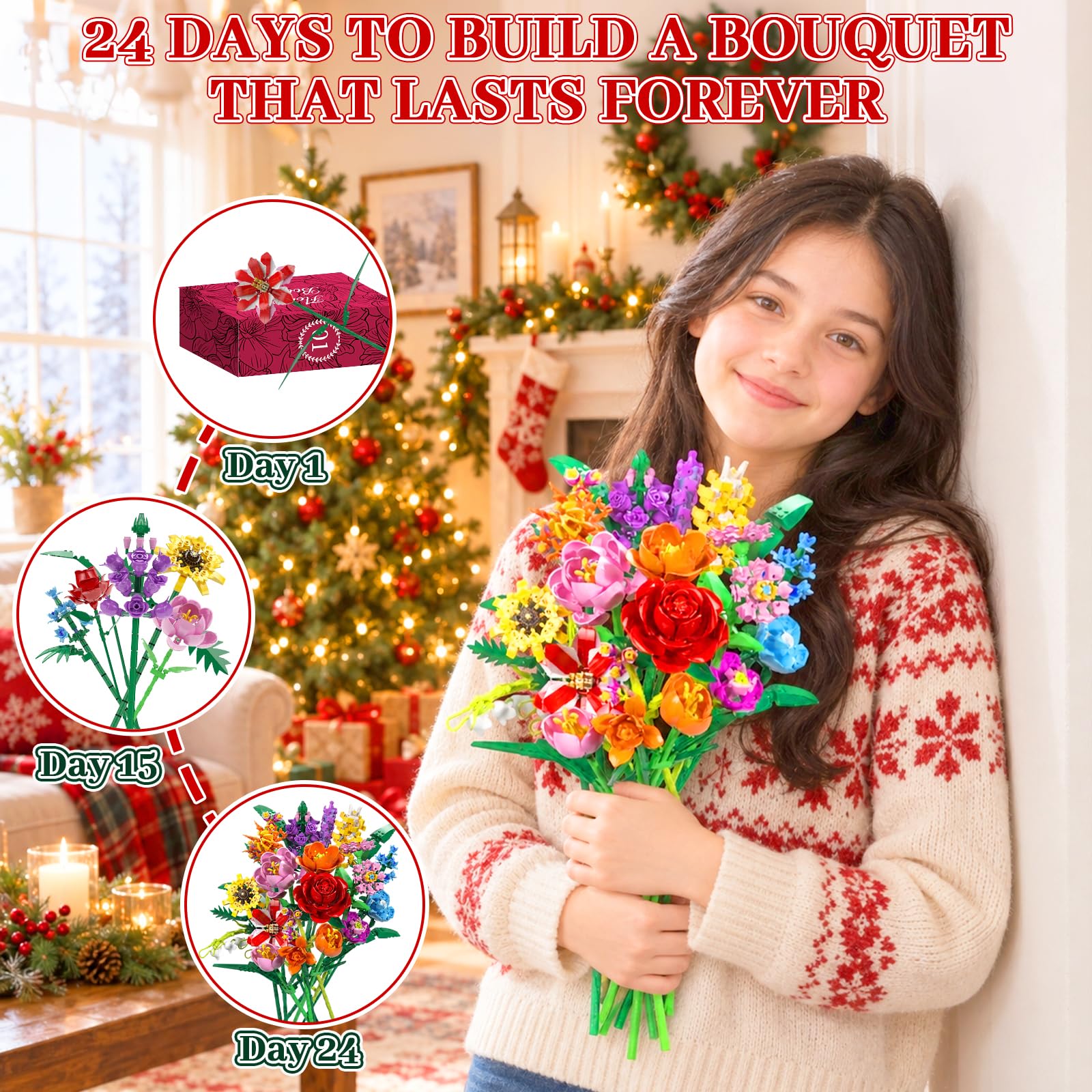 Blumen Adventskalender 2026, 24 Tage Bausteine-Set für Frauen