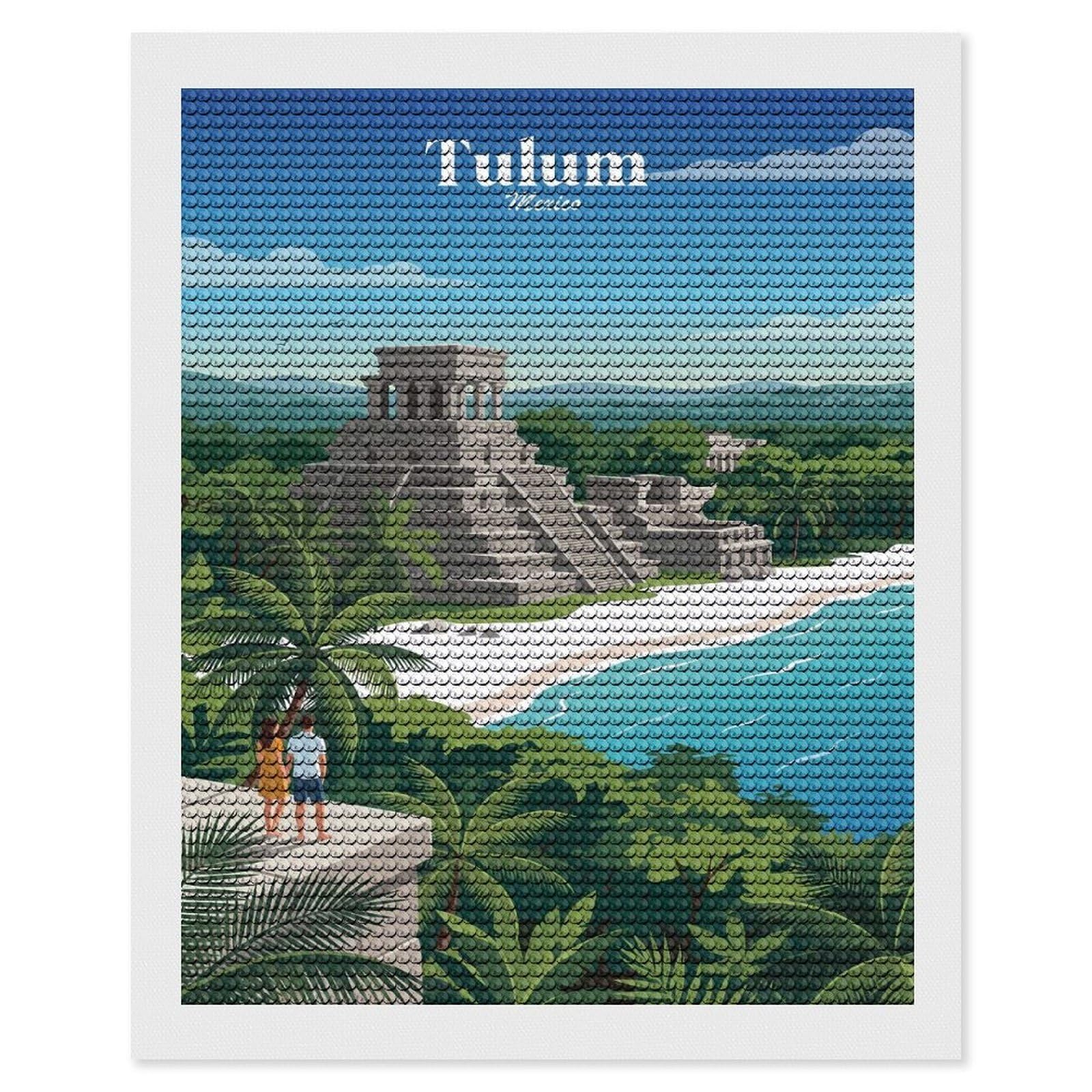 Junmoney Tulum Mexico Mayan Ruins Beach Round Drill Diamond Painting 16"x20", for Craft Lovers, Stress Relief Craft, Bedroom Decor, Festive Craft Gift