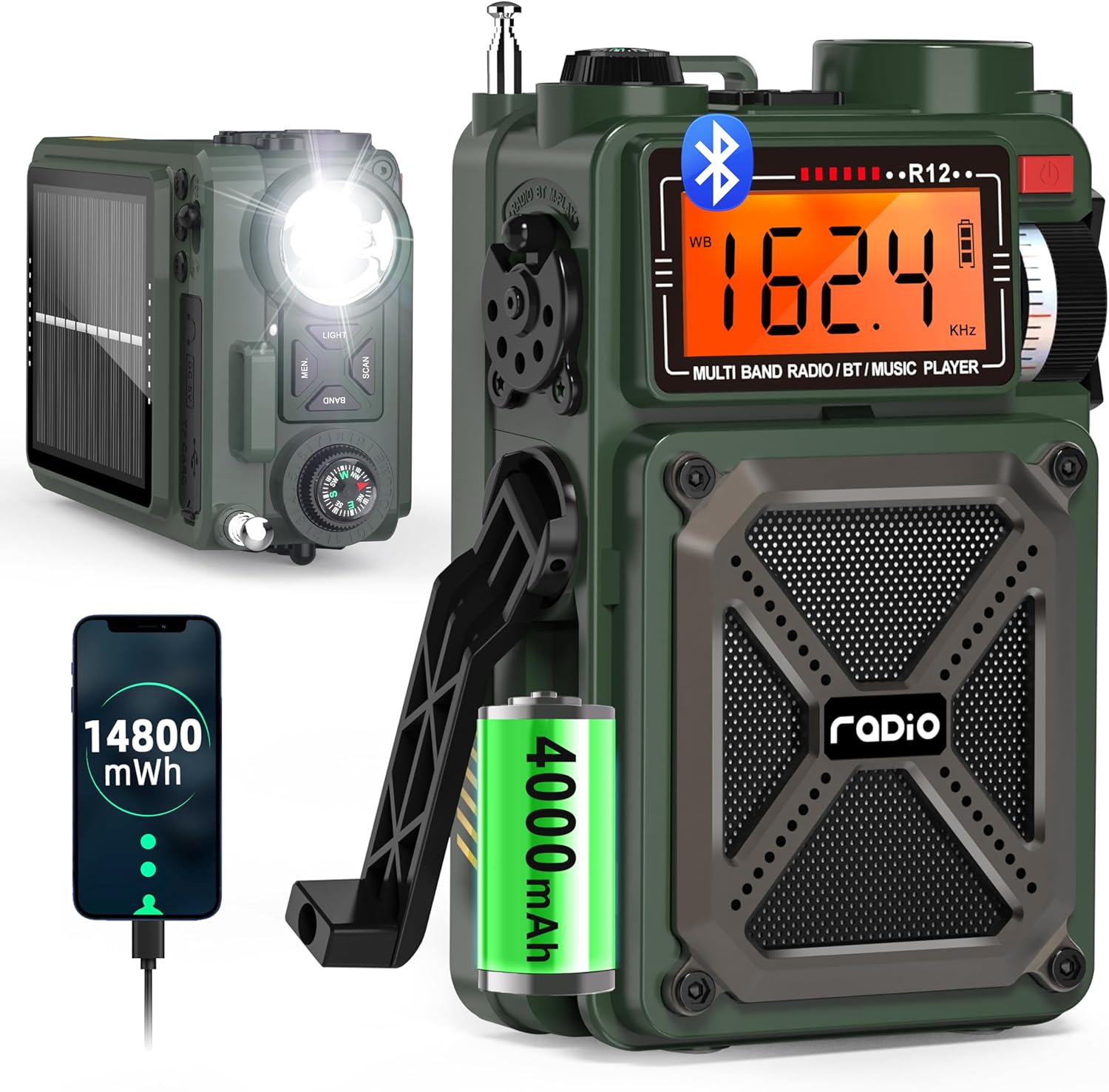 Greadio Portable Shortwave Radios with NOAA Weather Radio, 14800mWh Digital Radio AM FM with Bluetooth 5.4, Crank/Solar/USB Charging, Support USB/TF, Charger Pack/SOS/Flashlight for Outdoor, Emergency