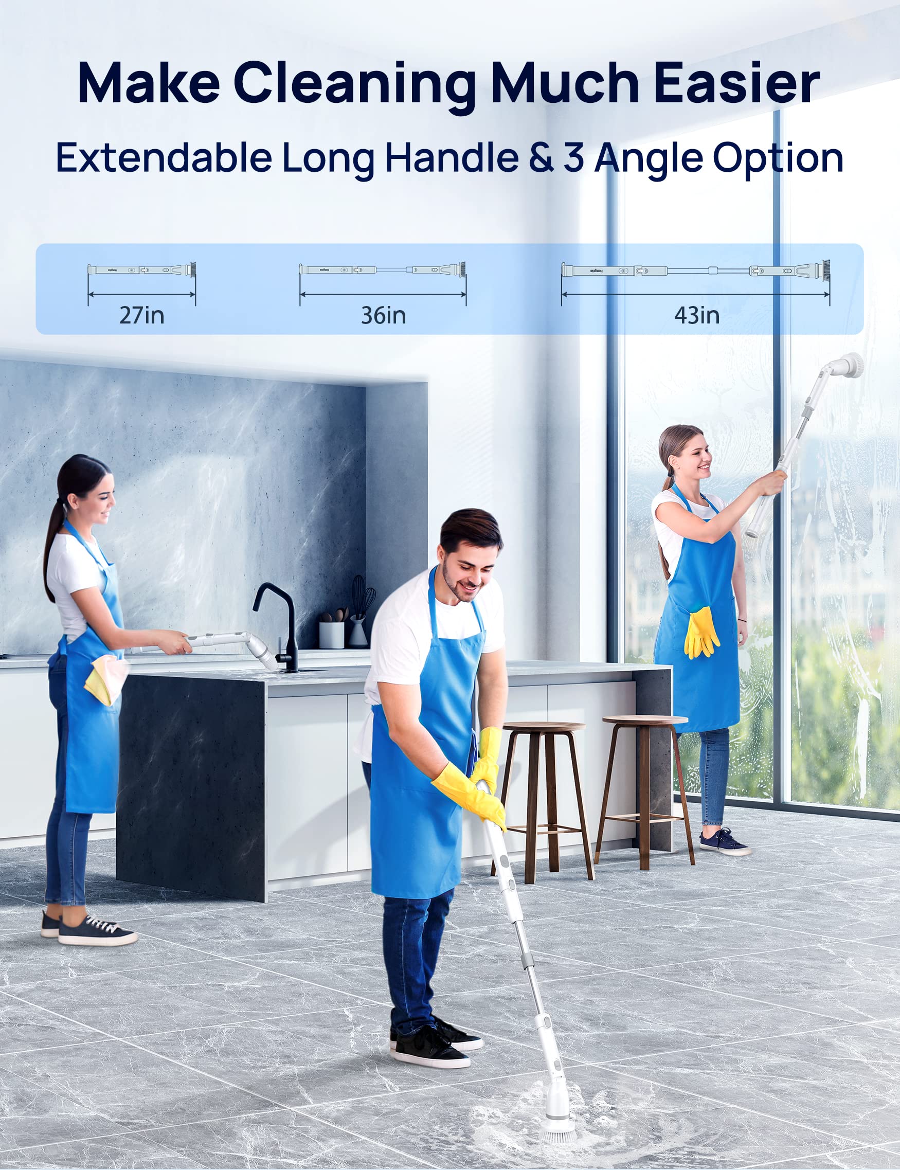 Homyeko Electric Spin Scrubber for Bathroom, Scrubber Cleaning Brush, Shower Scrubber with Long Handle, Power Scrubber Brush for Tub, Floor, Car Wheel, Tile Cleaning, 5 Replaceable Brush Heads