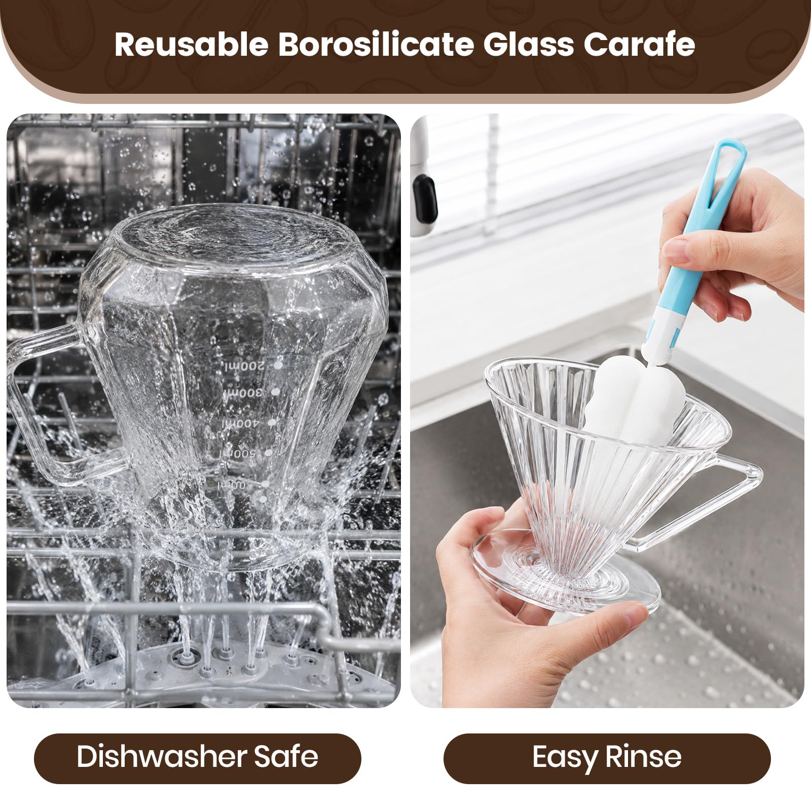 Cafetera de café con jarra de vidrio de borosilicato de 600 ml y tapa de vidrio, 50 filtros de papel, cuchara, taza de café, para amantes del cafe manual, cafetera 2-4 tazas