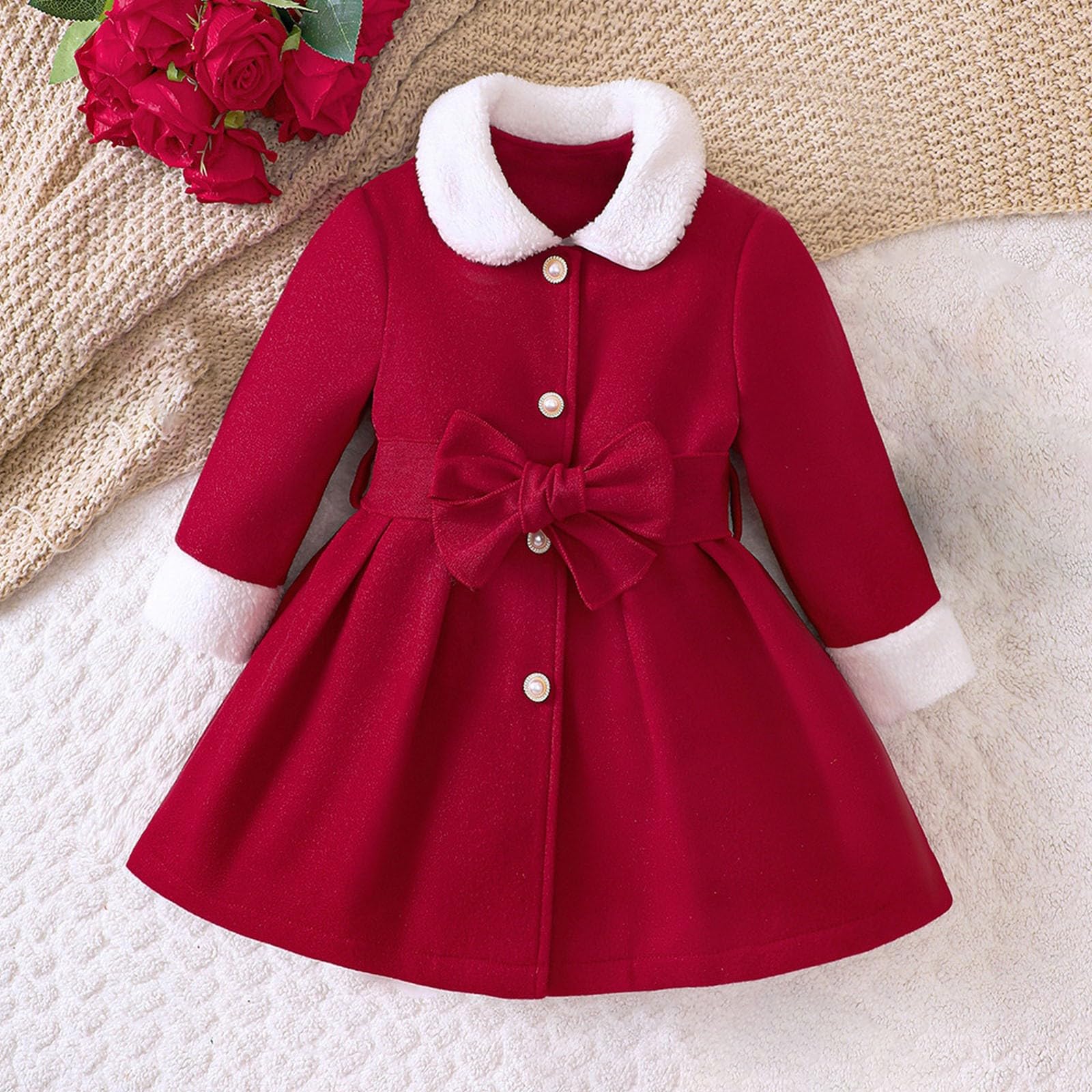 RNTOP Toddler Baby Girl Jacket Outwear Warm Long Sleeve Sweatshirt Solid Color Buttons Dress Coat (Red, 12-18 Months)