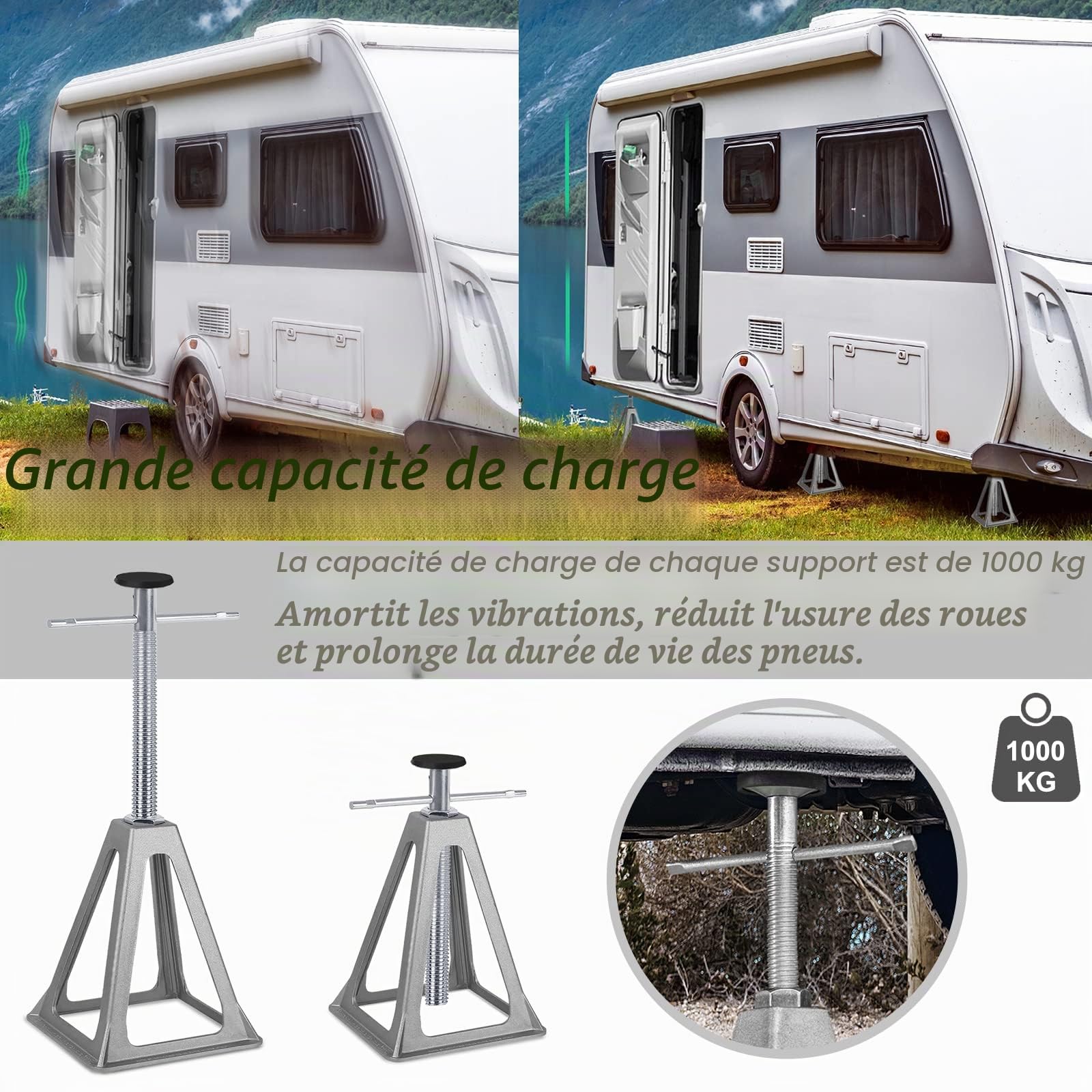 Froadp Béquilles pour Caravane Chandelles D'appui Béquille de Cric Réglable en Hauteur Stockage Maximum 1T pour Stabiliser Accessoires de Voitures Caravanes Camping-Cars ou Remorques (4 Pcs)