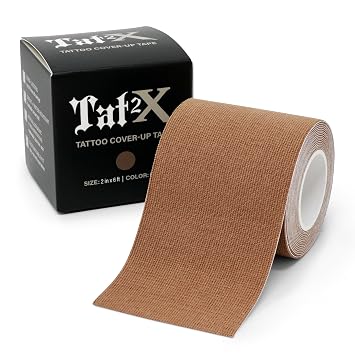 Tat2X Tattoo Cover Up Tape New Long Lasting Adhesive Sweat-Resistant, Water-Resistant, Hypoallergenic, Breathable, Latex-Free Easy Apply to Neck, Fingers, Hands Caramel 6ft x 2in Roll