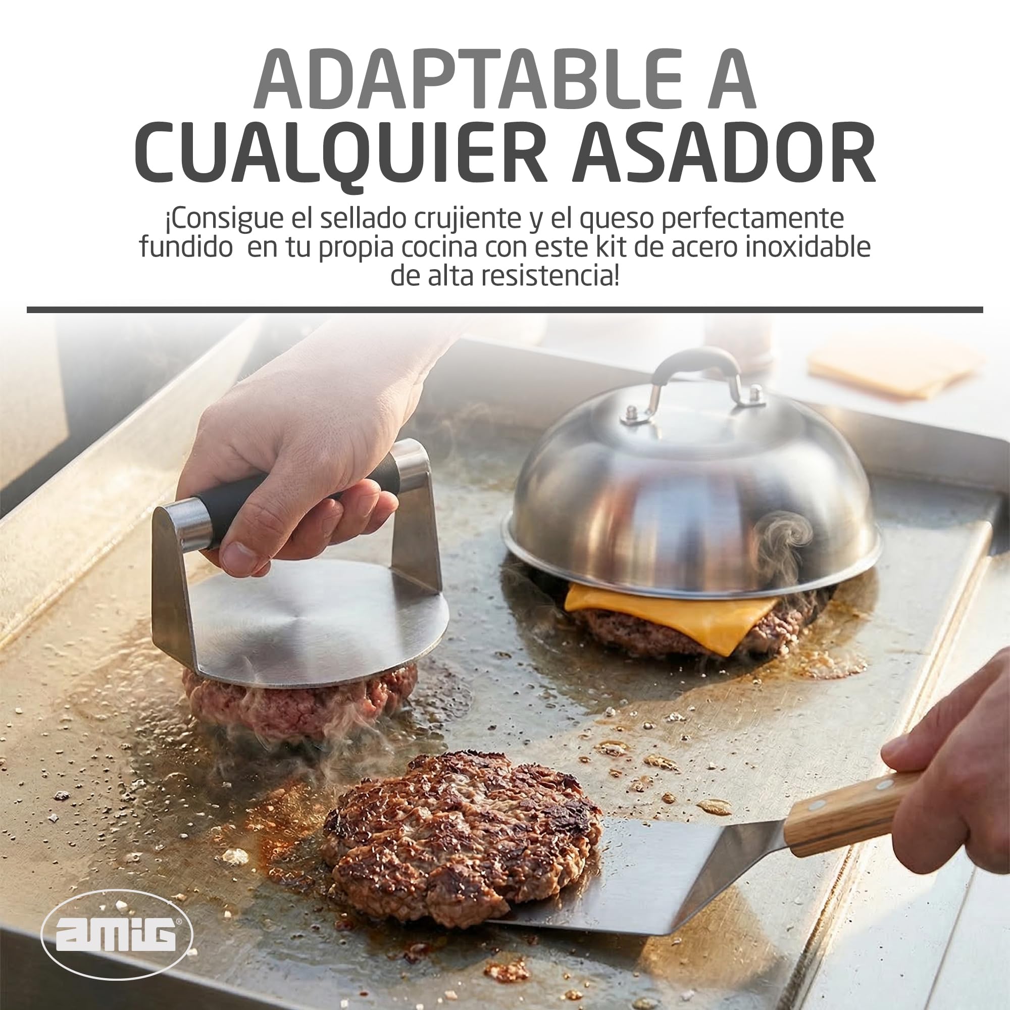 Amig - Kit 3 Accesorios para Smash Burger - Prensa para Carne, Campana para Fundir Queso, Espátula - Acero Inoxidable - Mod. AM12