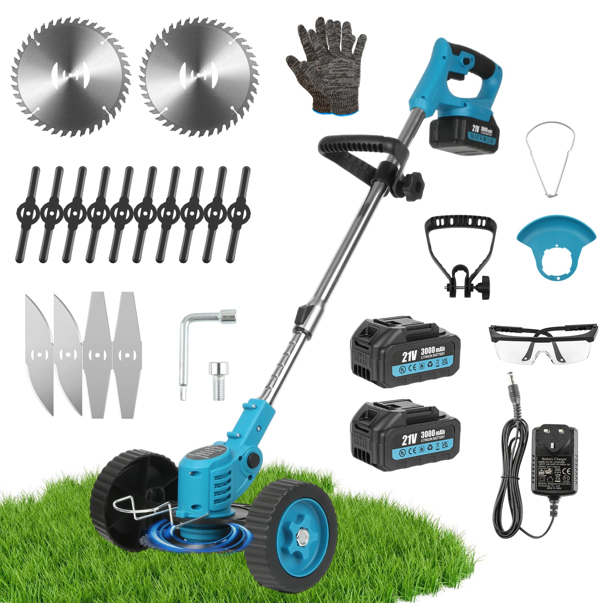 TEOV Cordless Strimmer with 2x 21V 3.0Ah Batteries and 4 Blade Types, Adjustable Telescopic Pole and 90° Trimmer Head, for Lawn Edge Trimmer Garden, Yard (with removable wheels)