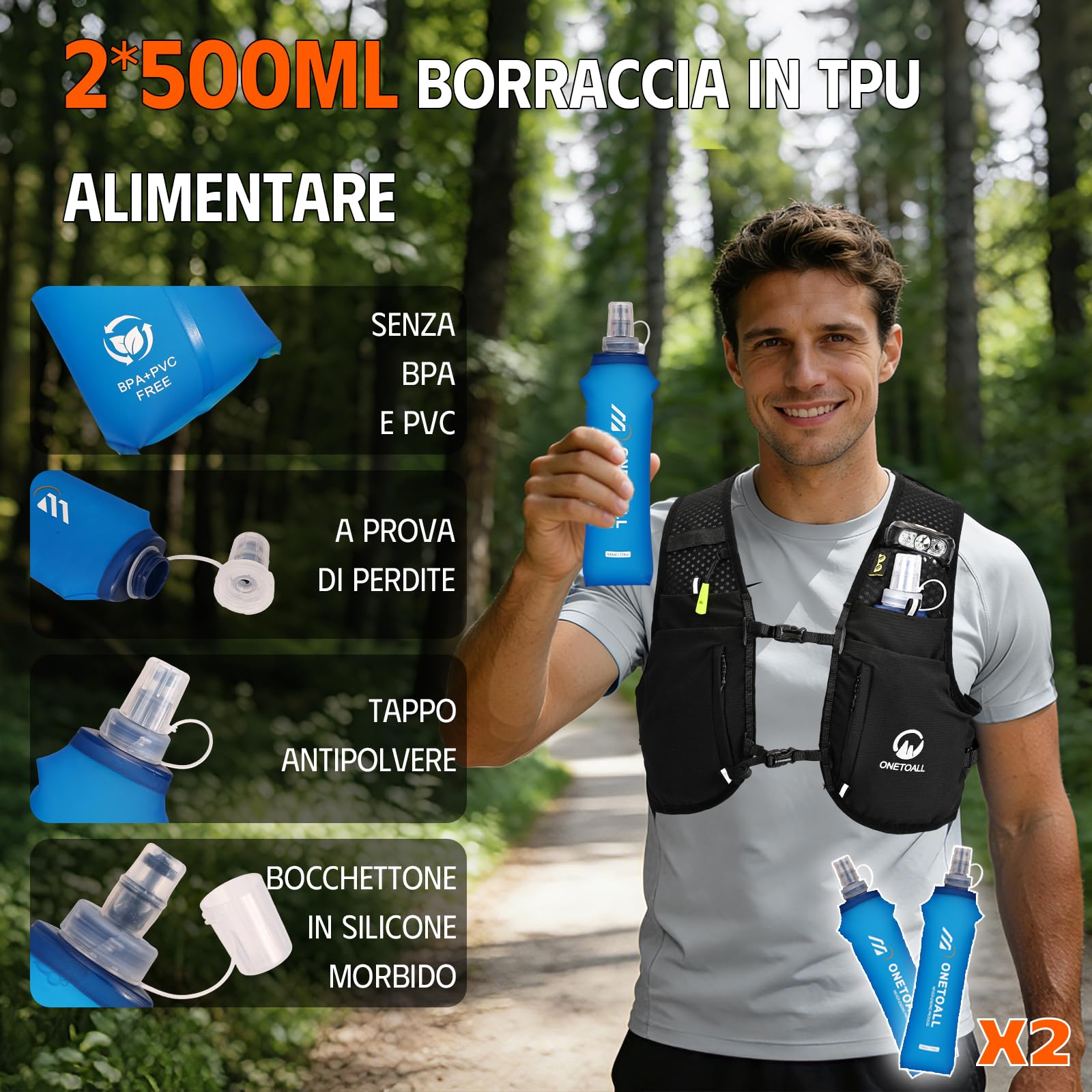 Gilet Running Uomo Donna, Zaino Trail Running con 2 Borraccia Morbida 500ml y Luce LED Ricaricabile, Gilet Corsa Leggero, Running Vest Zaino Corsa Zaino Idratazione per Trekking Ciclismo Sci