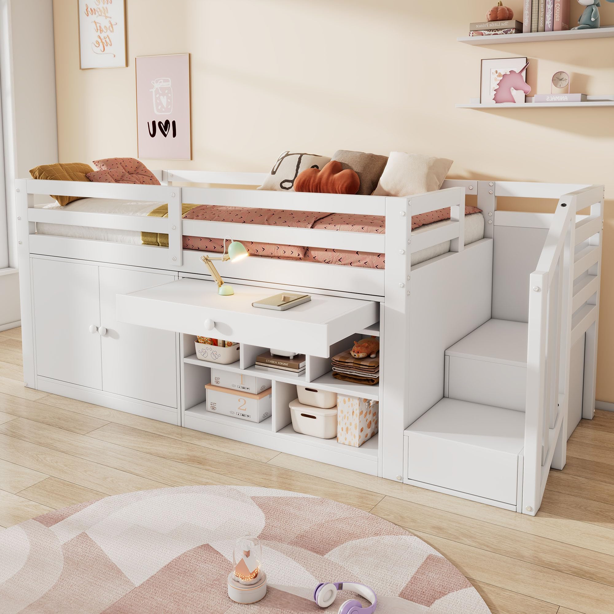 Hochbett 90x200 cm, Kinderbett mit Schrank, Treppe mit Stauraum, Funktionsbett mit Schreibtisch, Etagenbett Stockbett Jugendhochbett, ohne Matratze, Weiß