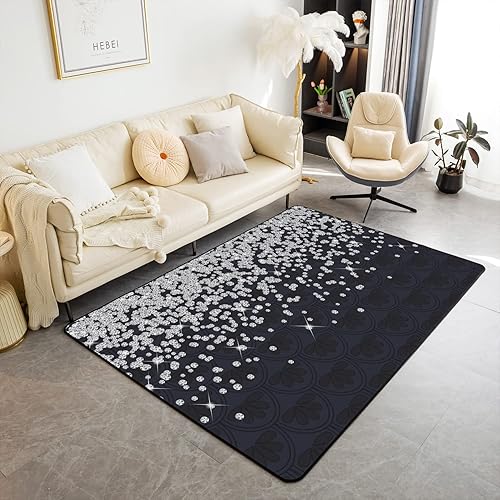 jejeloiu Alfombra de área de 5 x 7 con diamantes para interiores, impresión con purpurina (sin purpurina), alfombras negras para sala de estar,