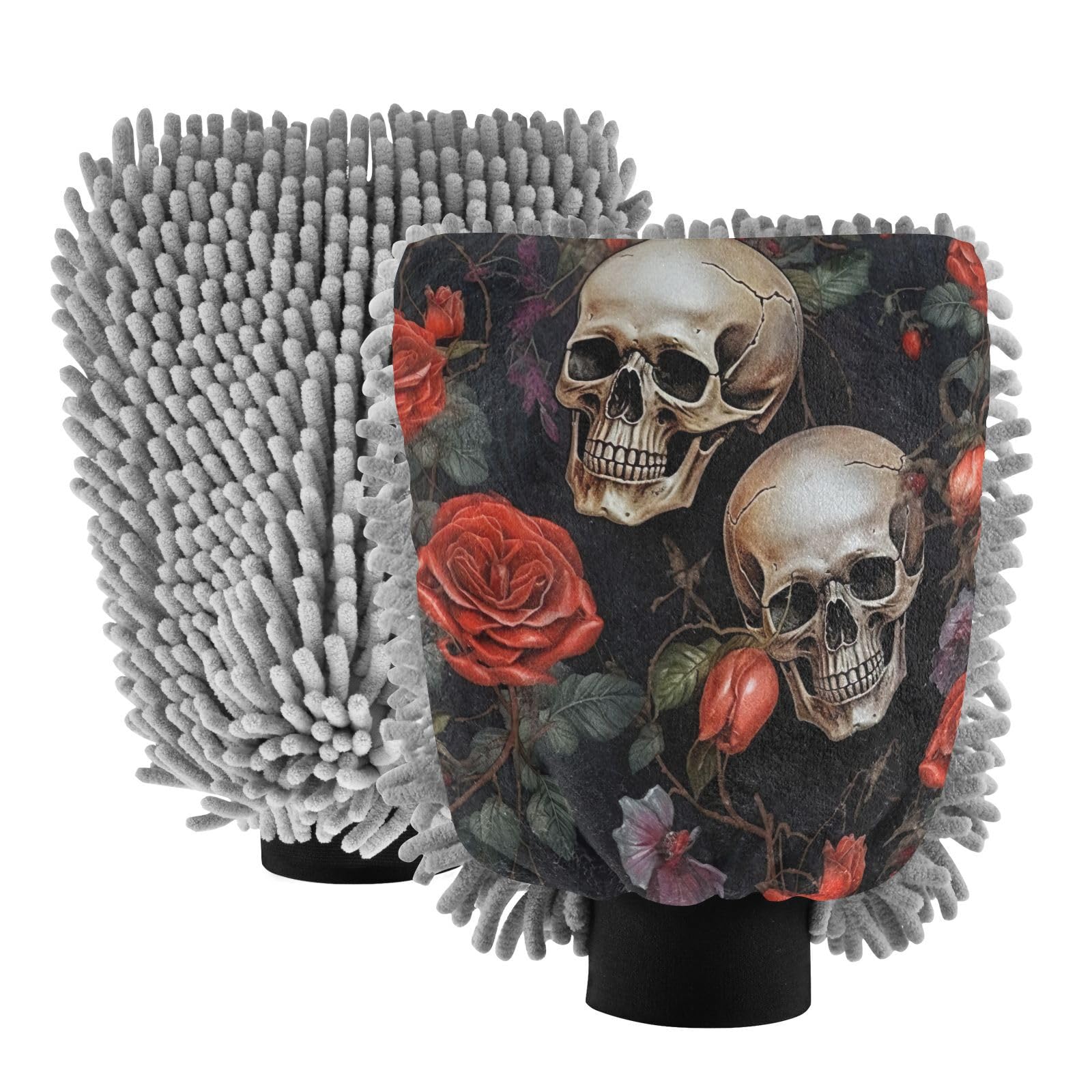 Flradish 2 Pack Skull Car Wash Mitt Chenille Microfiber Lint-Free Scratch Free Ultra-Soft Absorbent Car Wash Mitt 10.2x7.09 Inch