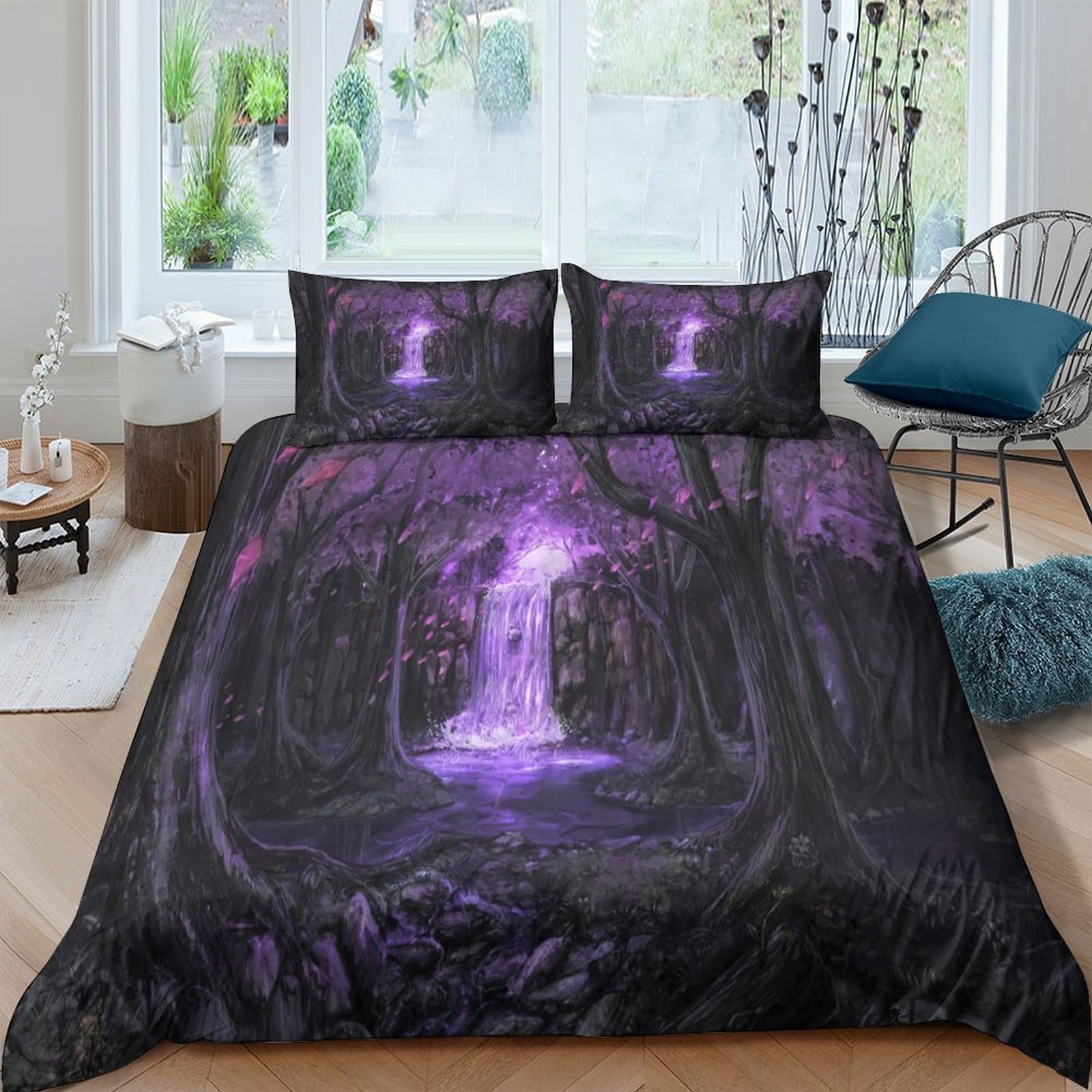 Ctjqhvkz Style-3 3D Printed Mystic Forest Fitted Sheet Microfiber Soft Purple Waterfall Bed Cover For Bedroom Dorm Mattress Protection Decor Single（135X200cm）