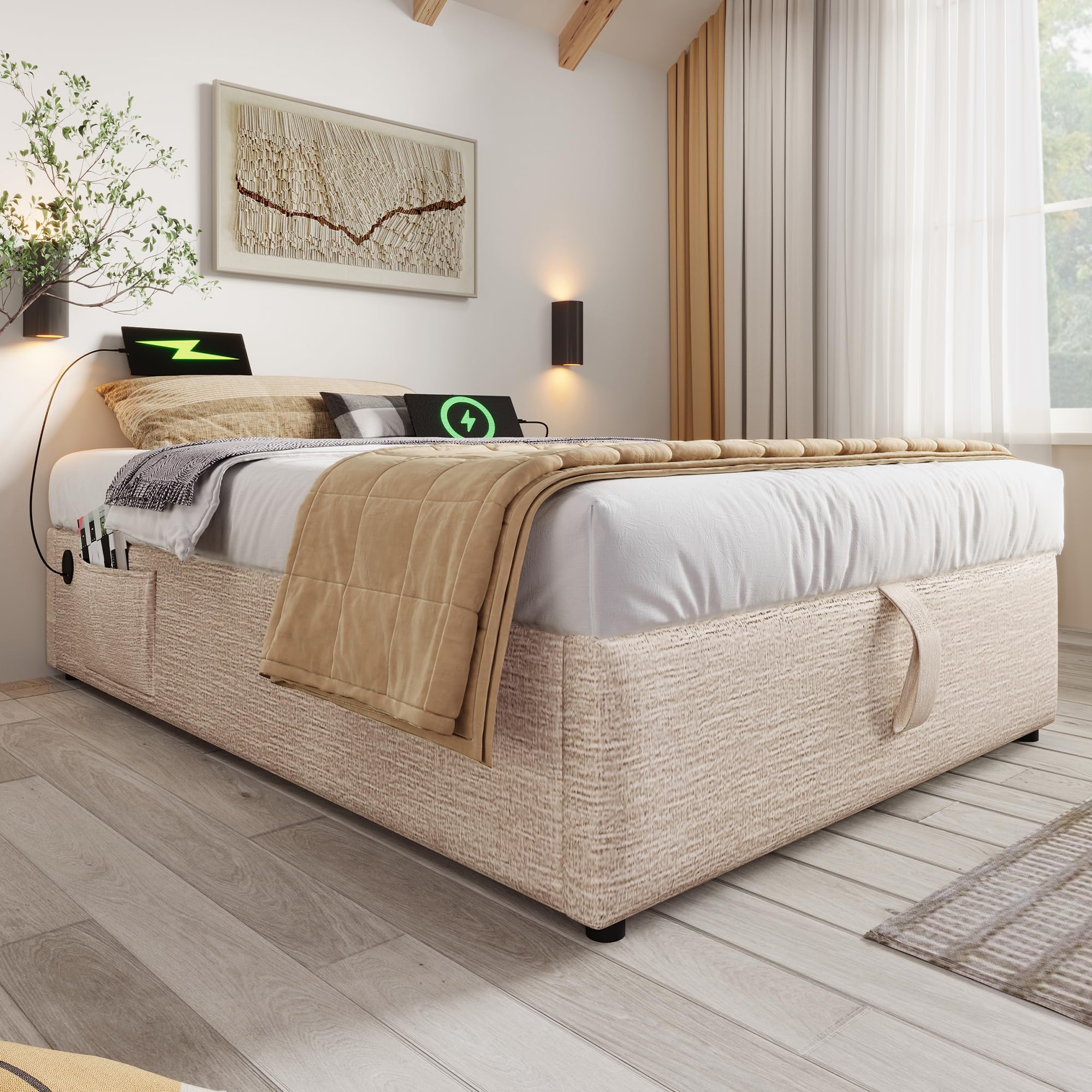 Generisch Łóżko tapicerowane pojedyncze 90 x 200 cm z hydrauliczną przestrzenią do przechowywania, przyłączami ładowania USB i Type-C, stabilny stelaż, bez zagłówka, szare, z bawełny i litego drewna.